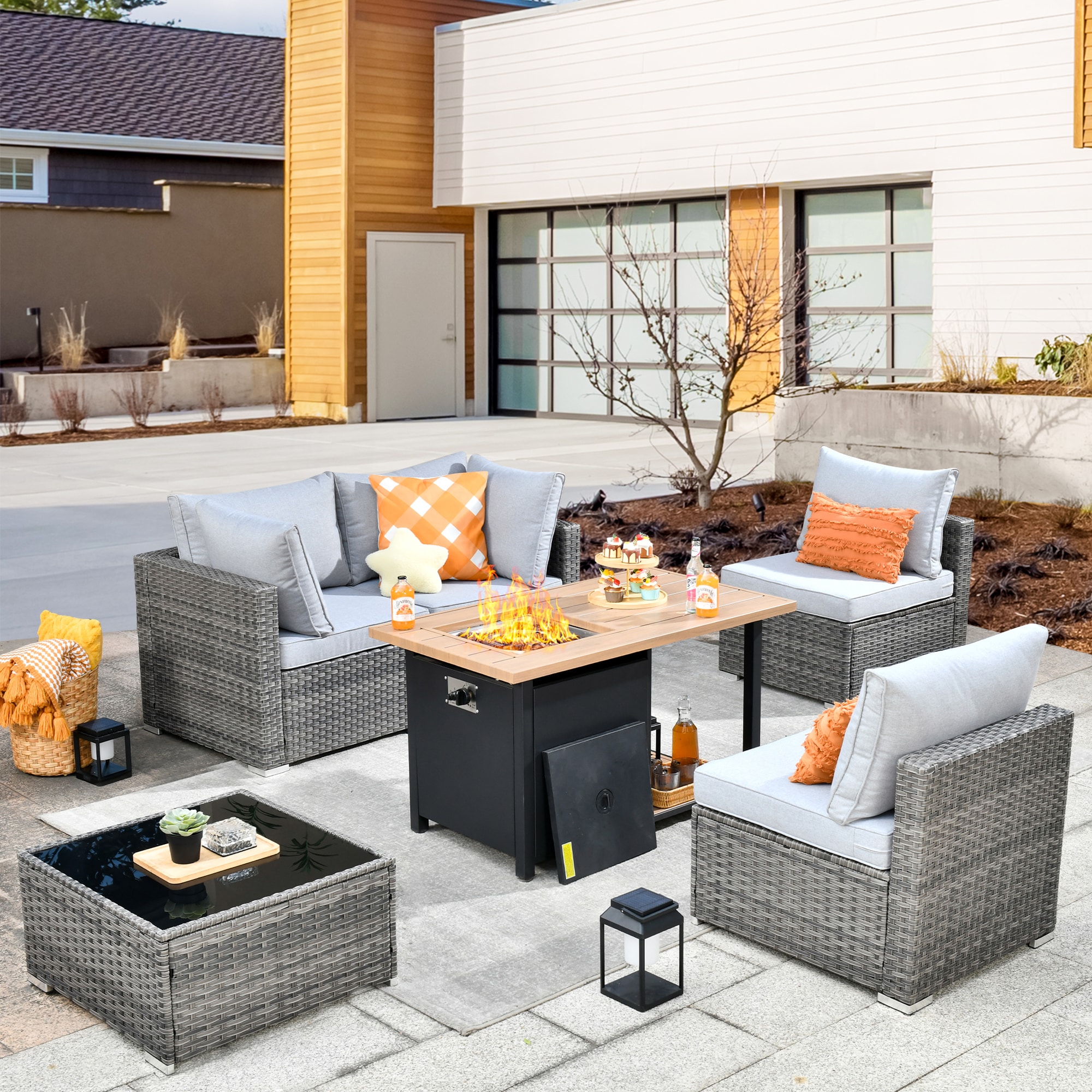 XIZZI XIHOPS4053-DFP Sunrise 6 -Piece Rattan Patio Conversation Set with Gray Cushions