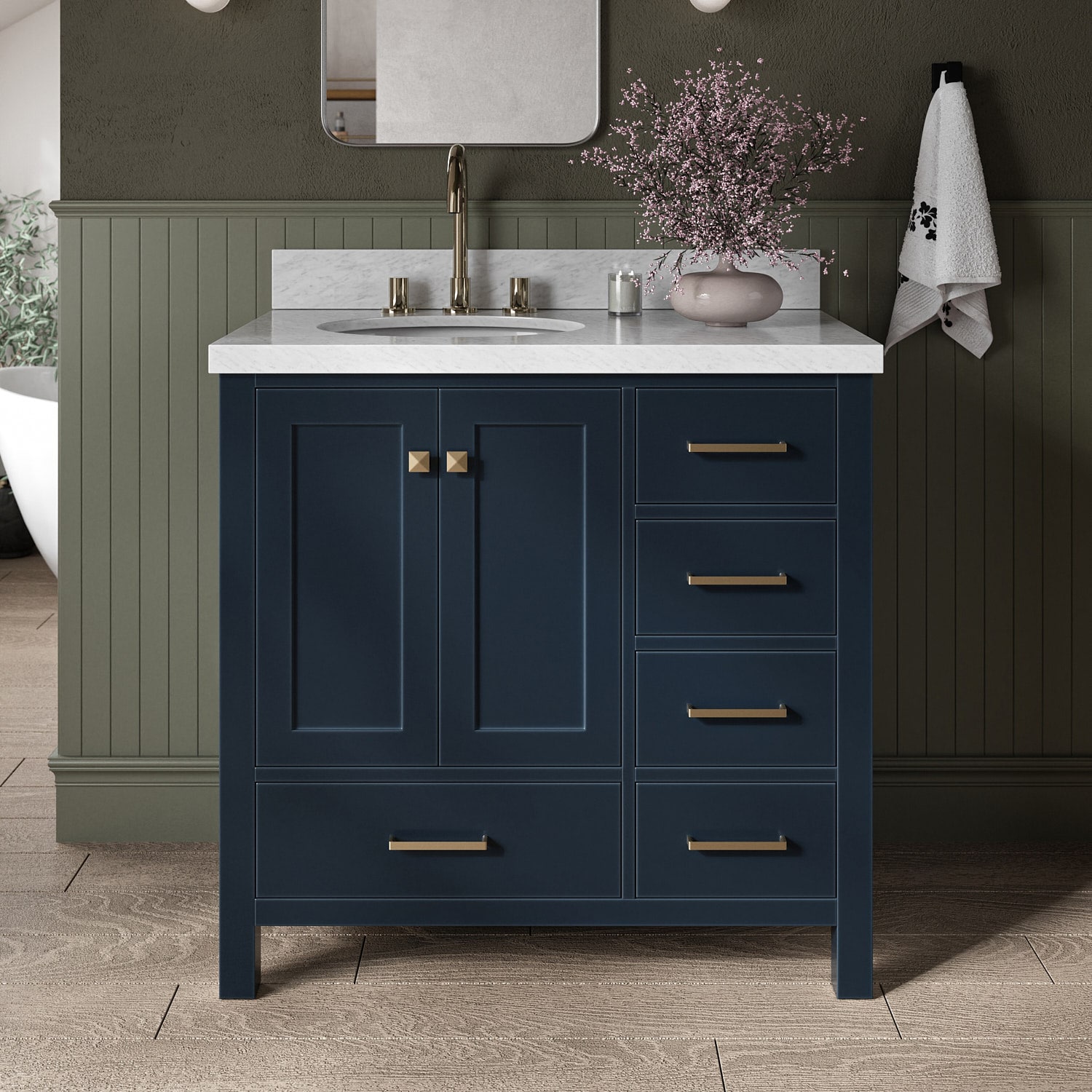ARIEL A037S-L-VO-MNB Cambridge 37-in Midnight Blue Undermount Single sink Bathroom Vanity with Carrara White Marble Natural marble Top