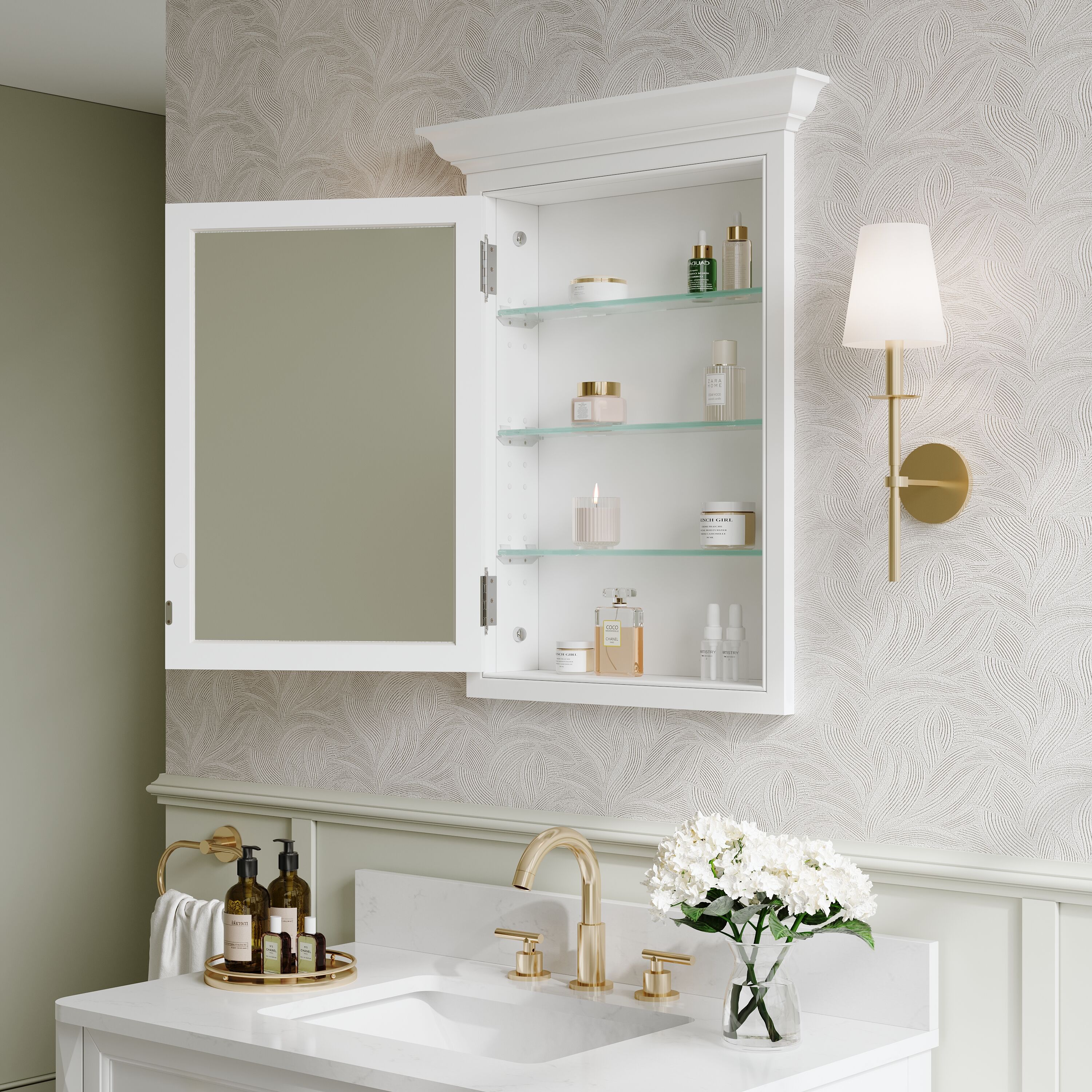 WELLFOR GRACE Solid Wood 26-in x 32-in Recessed Mount White Mirrored Soft Close Medicine Cabinet