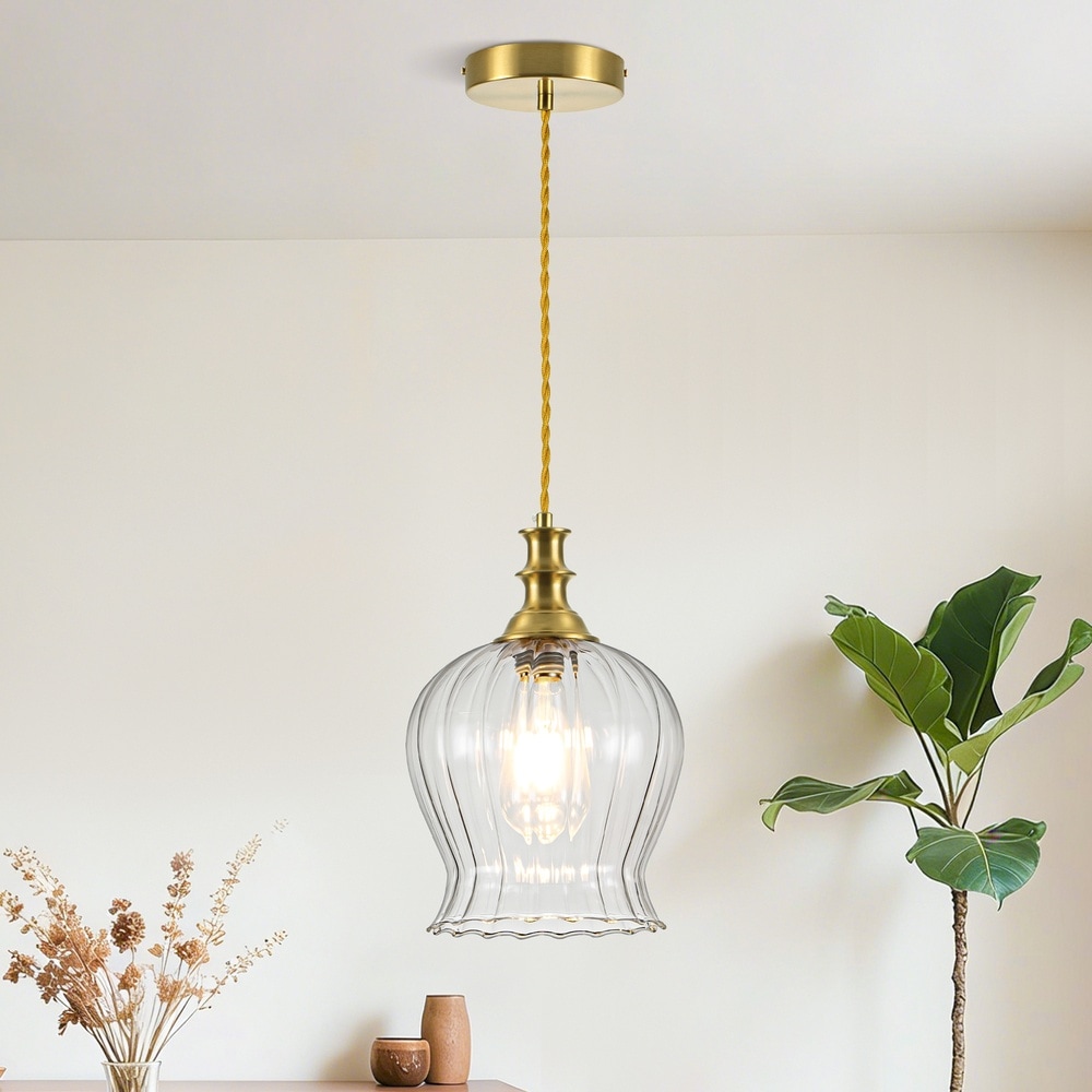Henveton Jasslynn Vintage Brass 1-Light Tulip-Shaped Clear Glass Pendant Light for Kitchen Island Warehouse