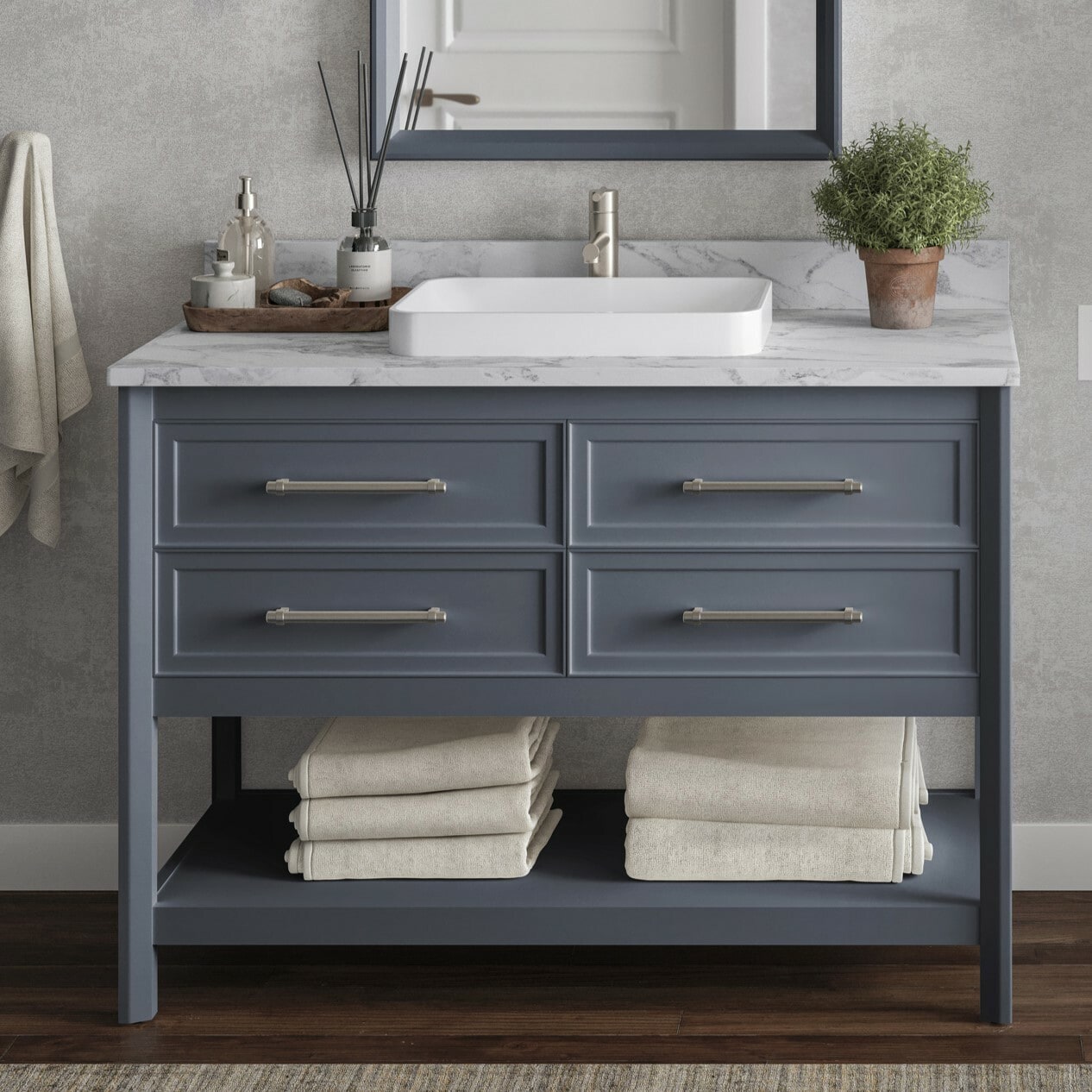 Riven 48-in Dusk Blue Semi-recessed Single Sink Bathroom Vanity with Carrara Natural Marble Top | - ED Ellen DeGeneres 1480VA-48-310-900-SR