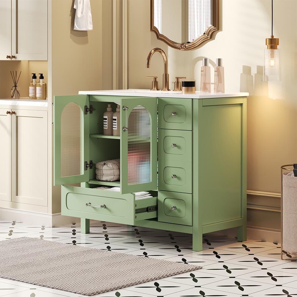 JUJABU ZJBATHROOMVAN-1 Green 36in Bathroom Cabinet with Waffle Texture Doors Four Drawers and Two Soft-Closing Doors for Bathroom