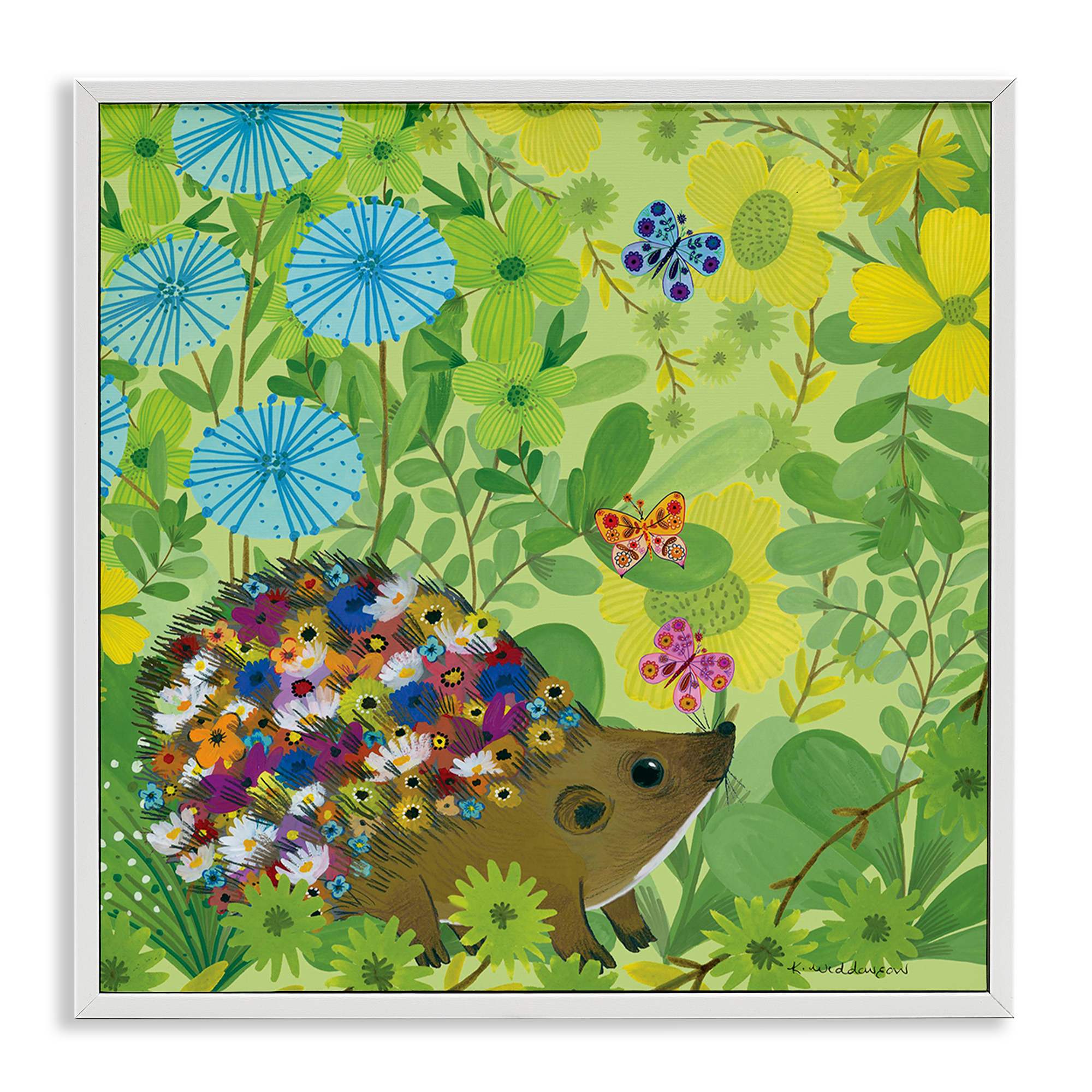 Stupell Industries BS-608-WFR-12X12 Happy Hedgehog and Flowers White Framed Giclee Art By Kay Widdowson 12 x 12