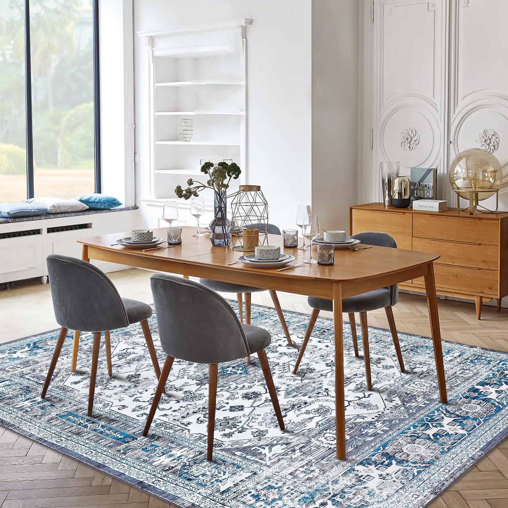 Garvee YXY-LO-PHO-0Z8DX2H3 4 x 6 (ft) Loomed Polyester Blue/Gray Rectangular Indoor Floral/Botanical Persian Machine washable Area rug