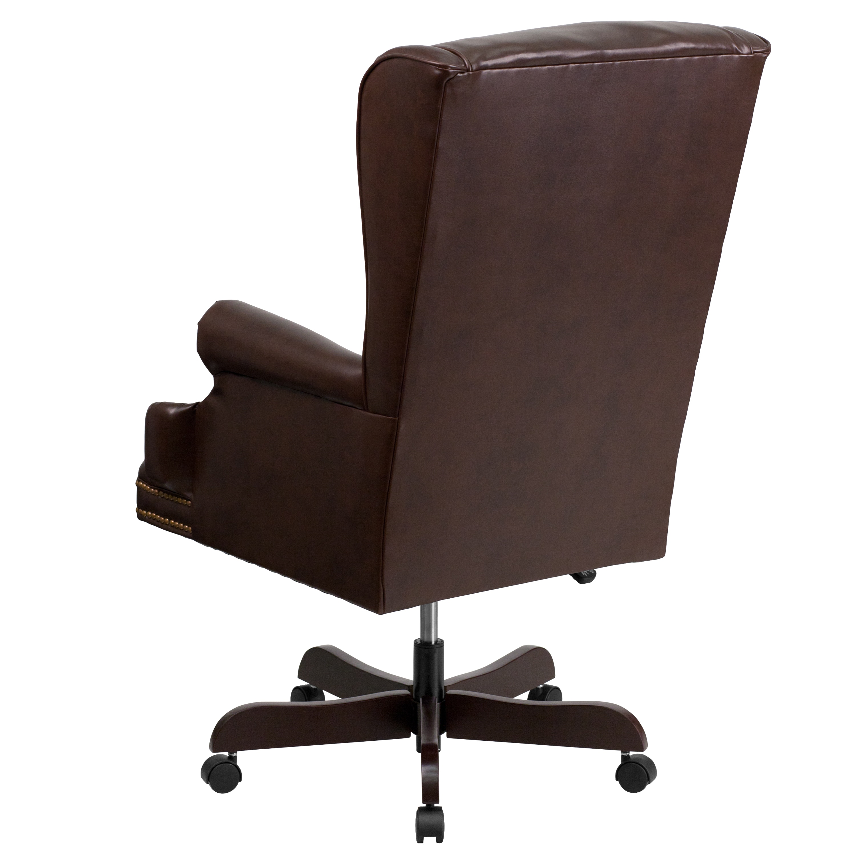 Ergonomic High-Back Executive Chair in Brown LeatherSoft with Mahogany Wood Base