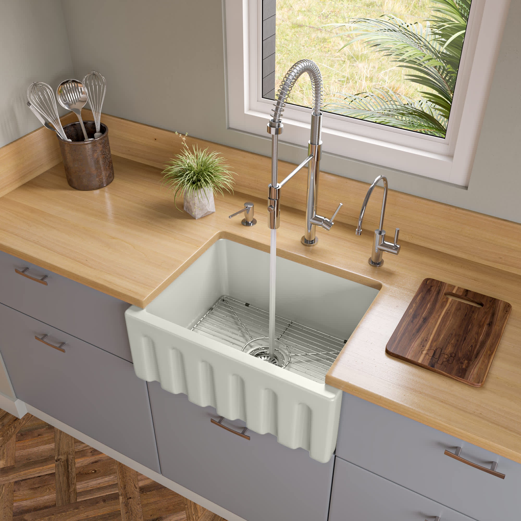 ALFI AB2418HS-B AB2418HS-B 24 inch Biscuit Reversible Smooth / Fluted Single Bowl Fireclay Farm Sink