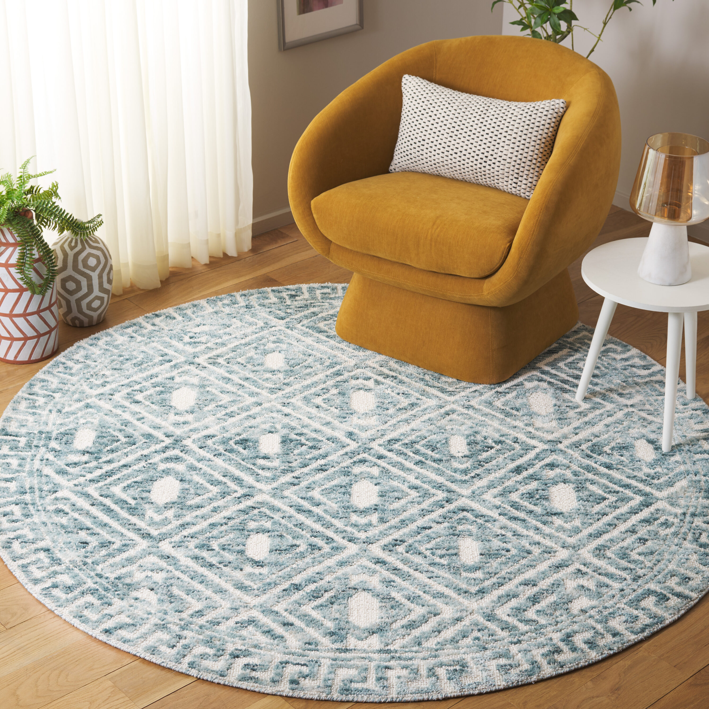 Audrey 203 Blue/Ivory Bohemian 6ft x 6ft Round Rug