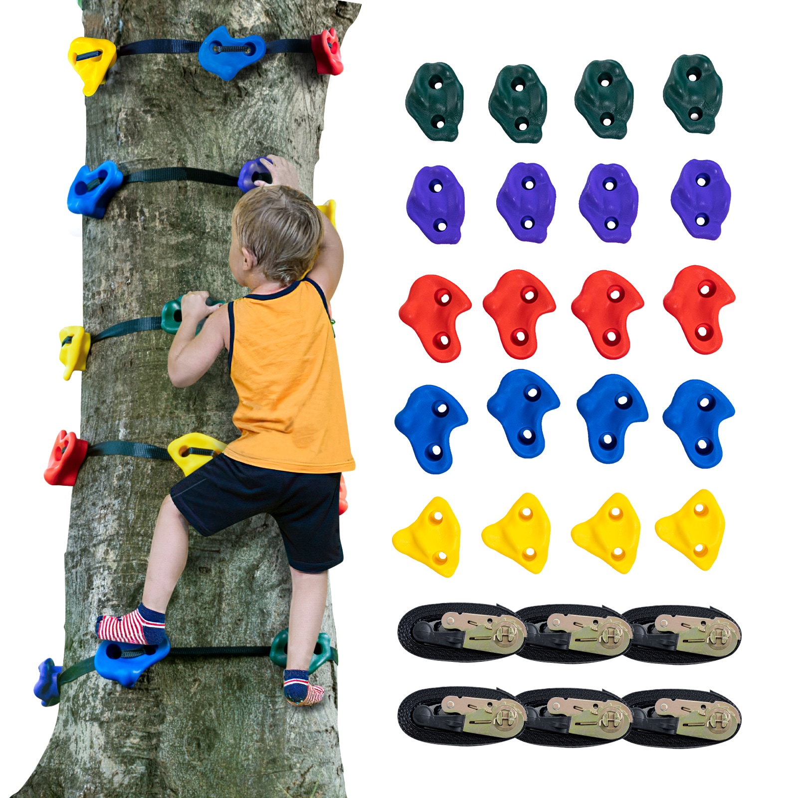 VEVOR SCPSZJTZ20PC04533V0 Ninja Tree Climbing Kit  20 Tree Climbing Holds and 6 Ratchet Straps  Large Climbing Rocks for Kids and Adults Climber  Various Colors and Shapes  for Outdoor Ninja Warrior Obstacle Training