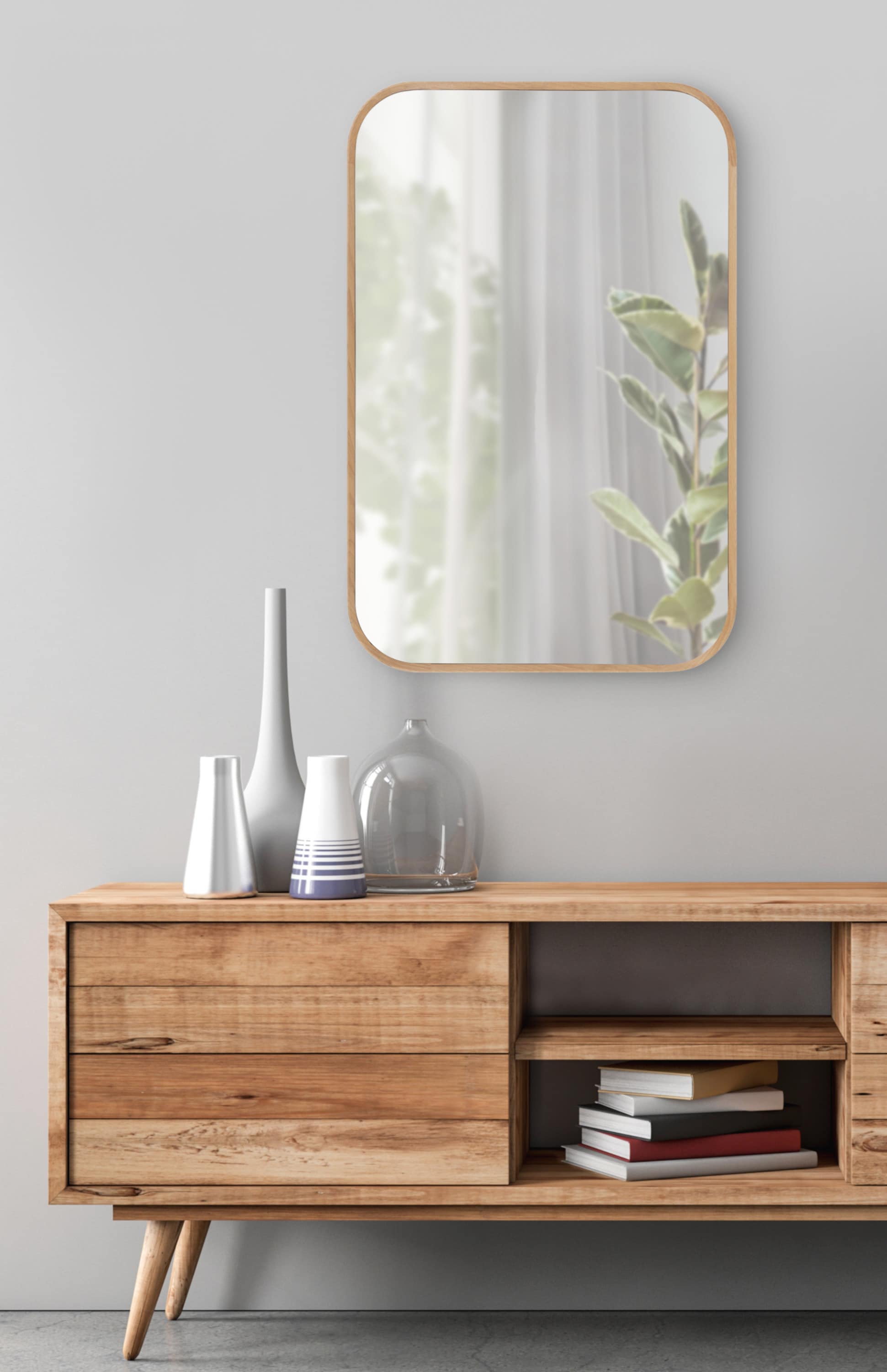 Scandinavian Inspired Natural Wood Rounded Rectangular Wall Mirror