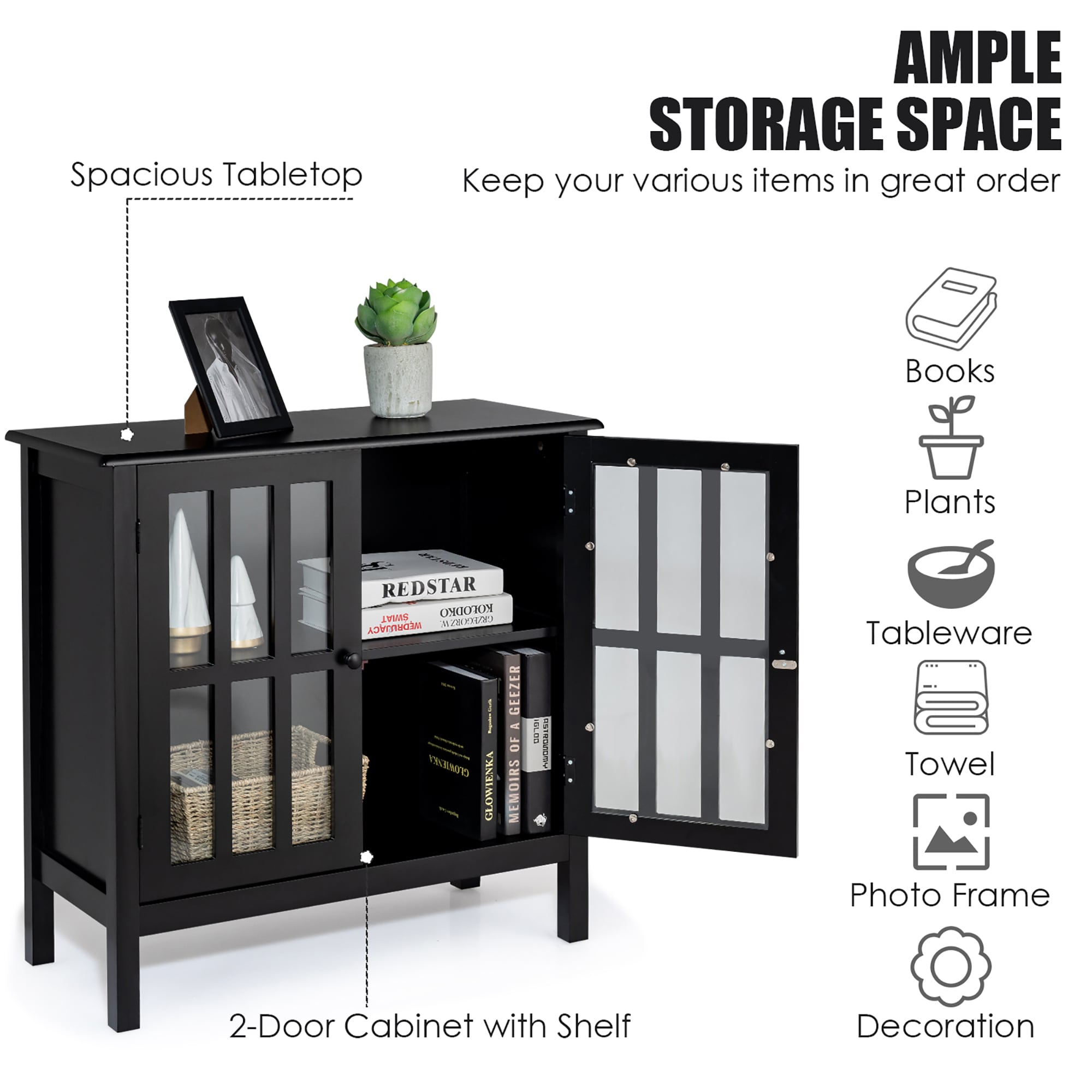 Modern Black MDF Console Table with Tempered Glass Doors