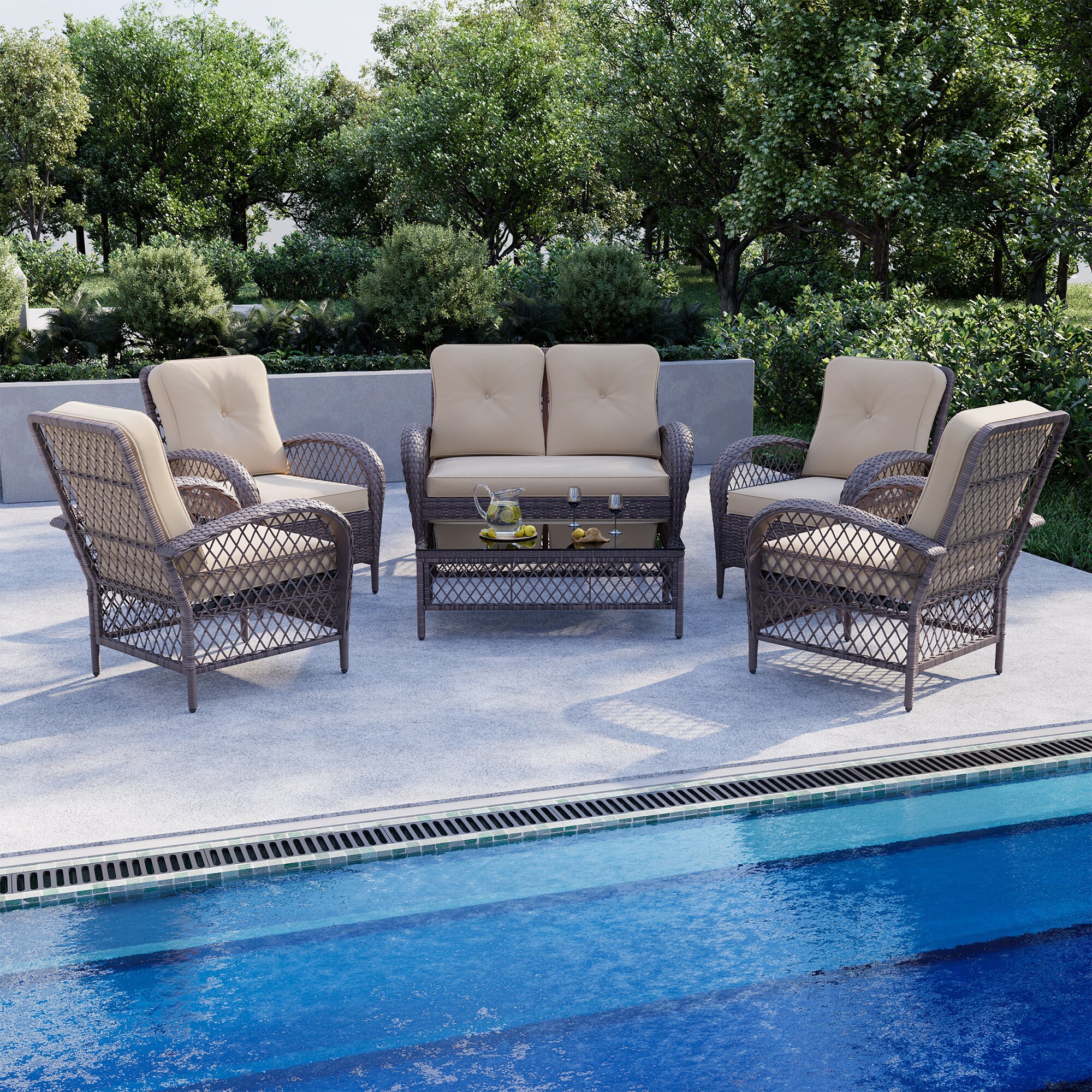 UPHA LHBR-2AB-BEIGE 6 -Piece Wicker Patio Conversation Set with Off-white Cushions