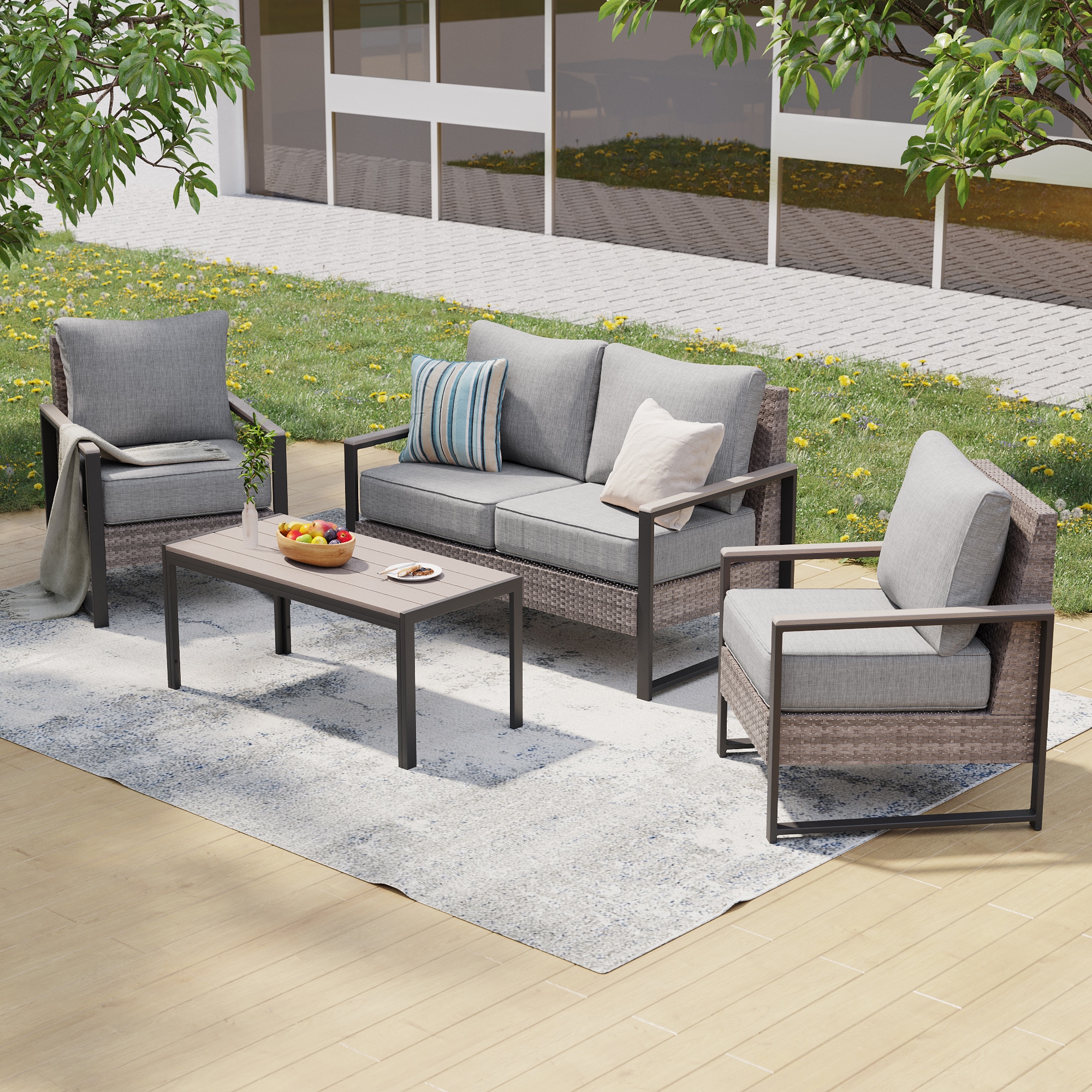 ACEGOSES LW-148-04HLY Skytop 4 -Piece Wicker Patio Conversation Set with Gray Cushions