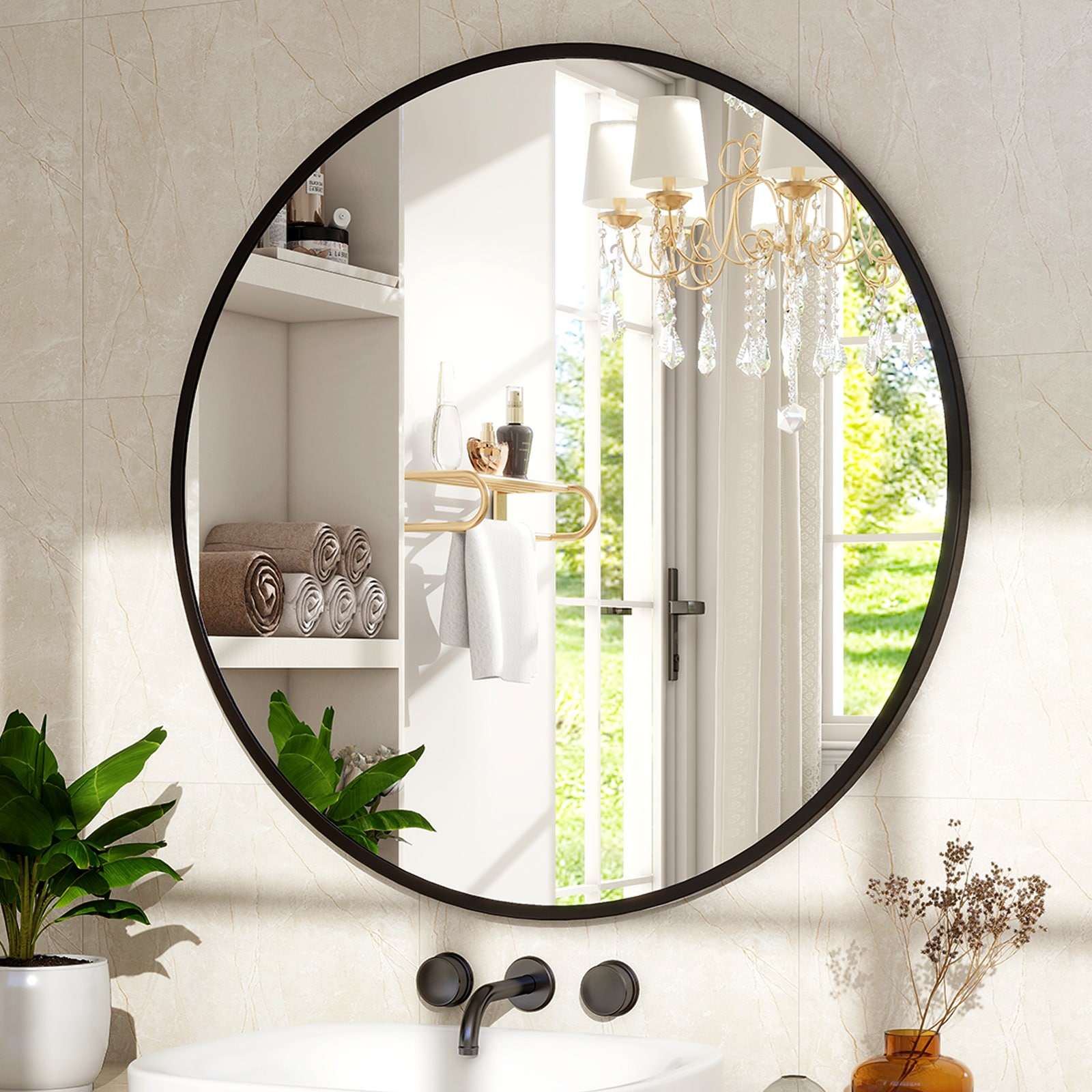 BEAUTYPEAK RM20B 20-Inches W x 20.0-Inches H Round Black Framed Wall Mirror