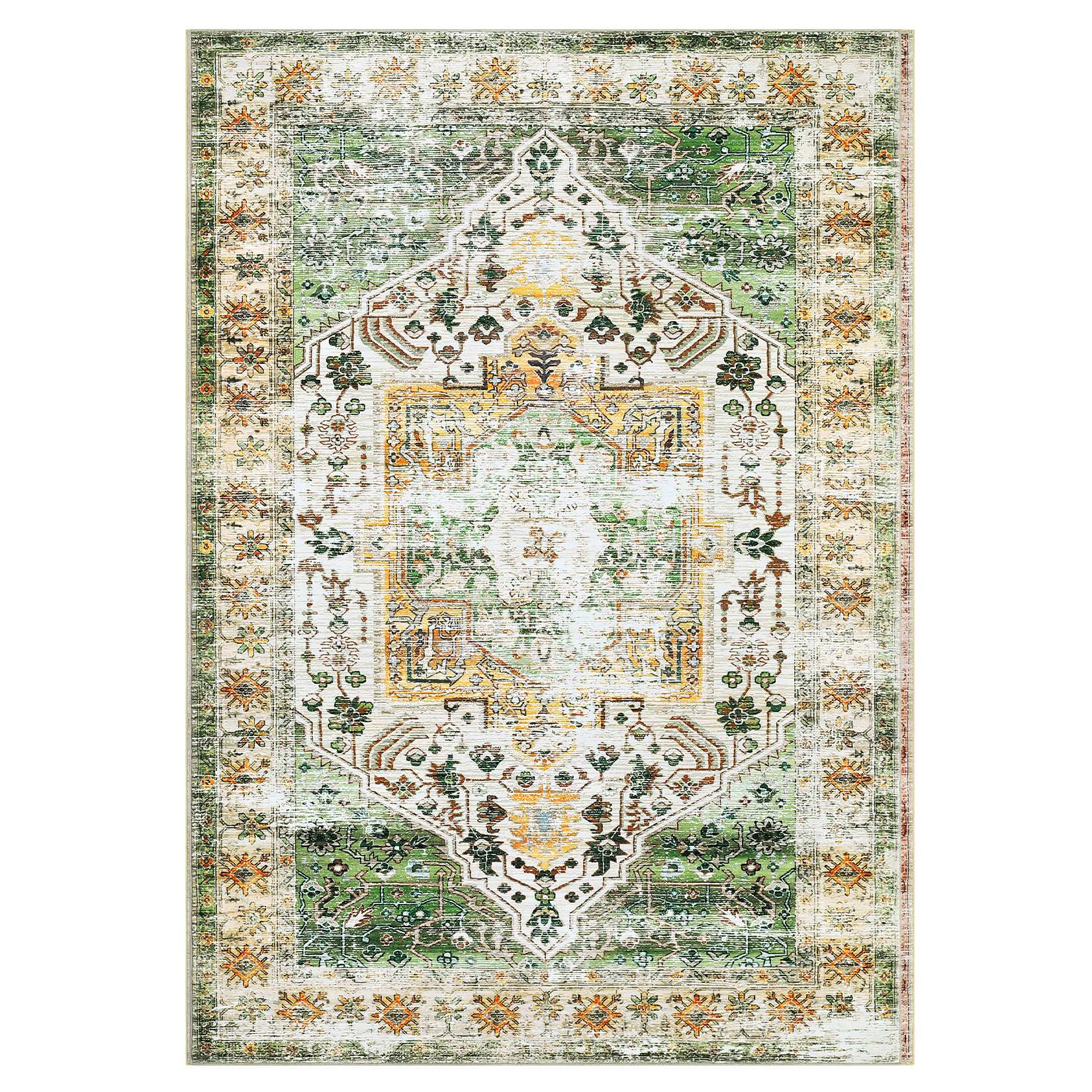 WhizMax SUNNY-PHO-16IIYAFS 9 x 12 ft Polyester Green Rectangular Bedroom Living Room Dining Room Kitchen Distressed Floral Print Vintage Machine Washable Area Rug