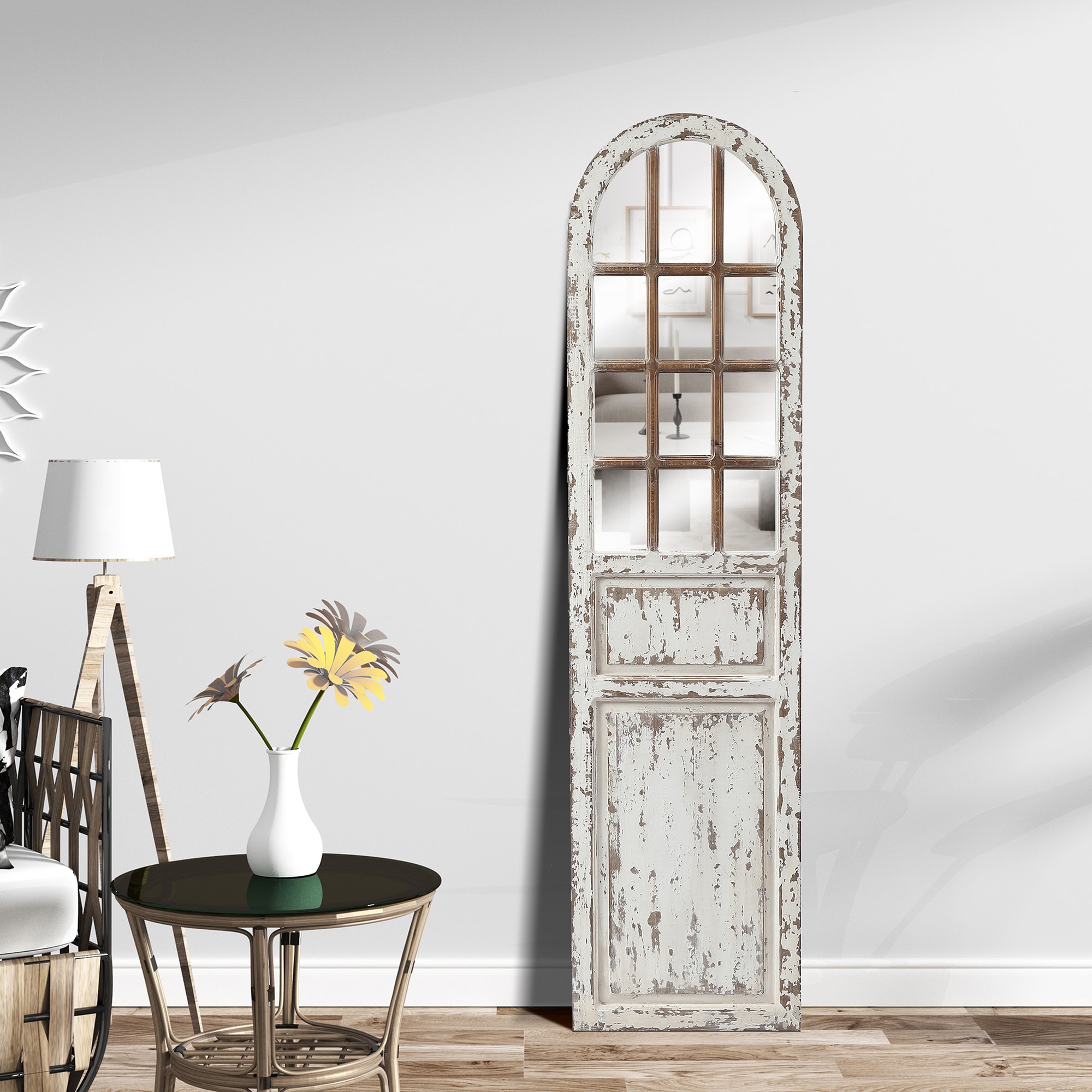 Distressed White Wood Arched Door Full-Length Mirror