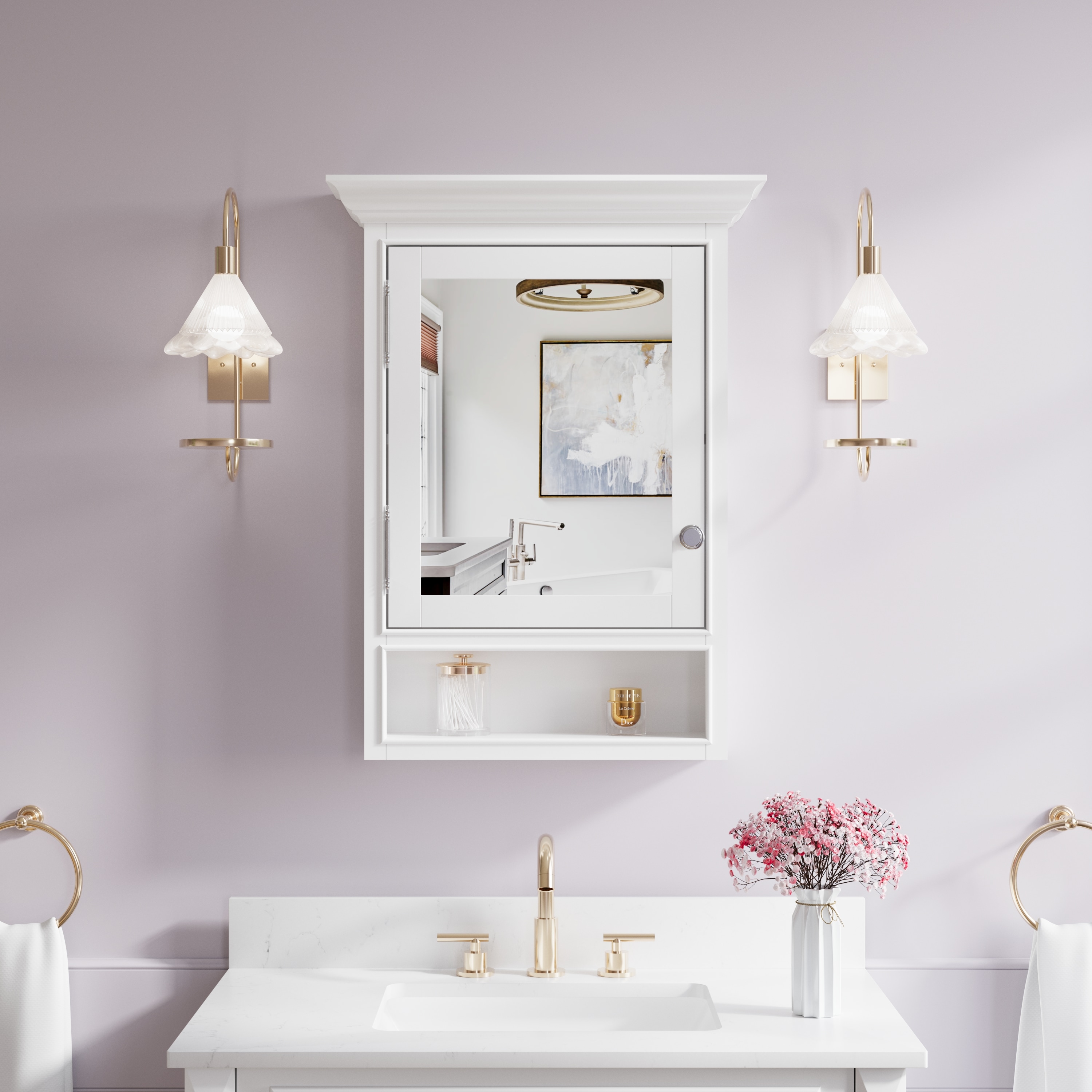 WELLFOR DTG-3224M3YS GRACE Solid Wood 24-in x 32-in Surface Mount White Mirrored Rectangle Medicine Cabinet