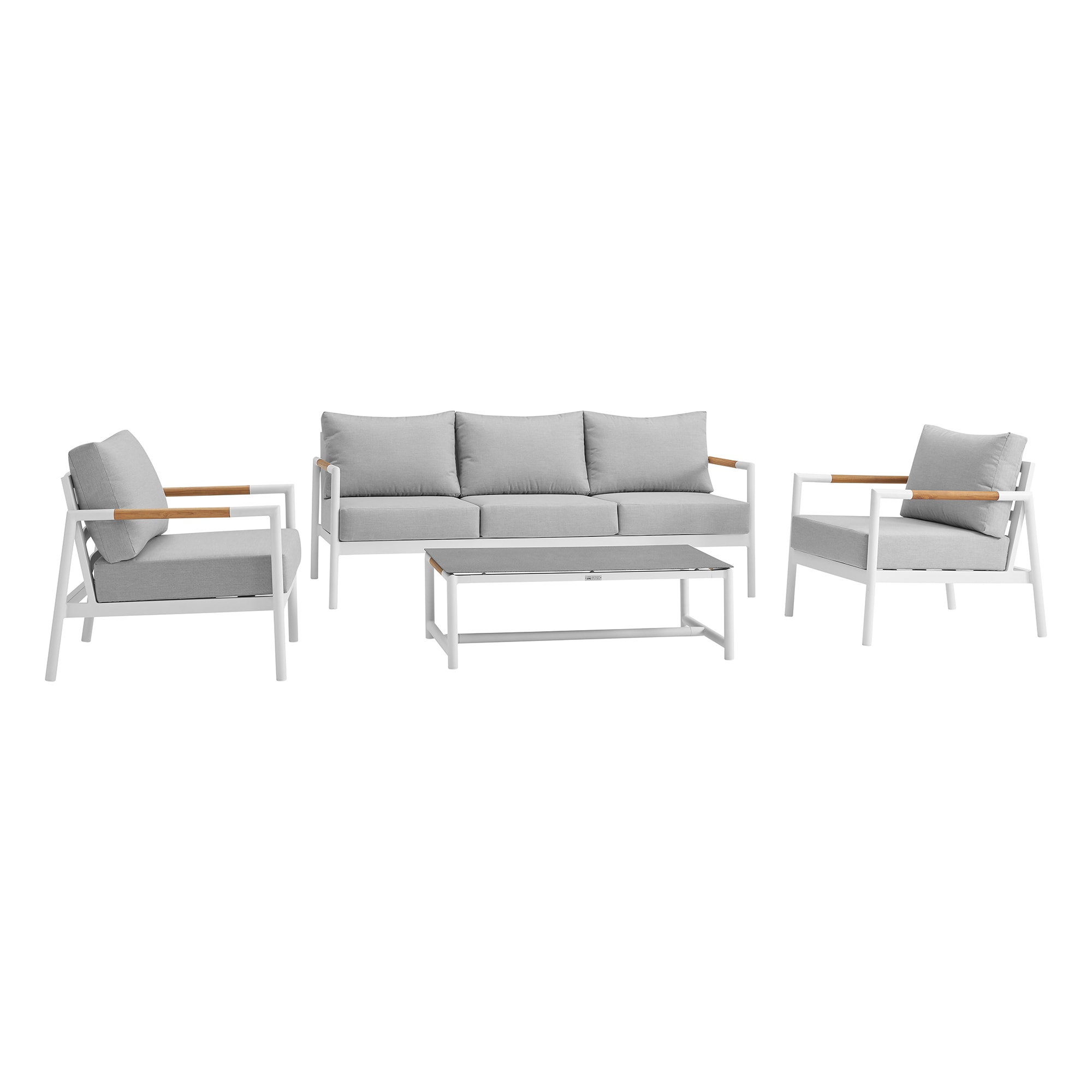 5 Person White Aluminum and Teak Outdoor Seating Set with Gray Cushions
