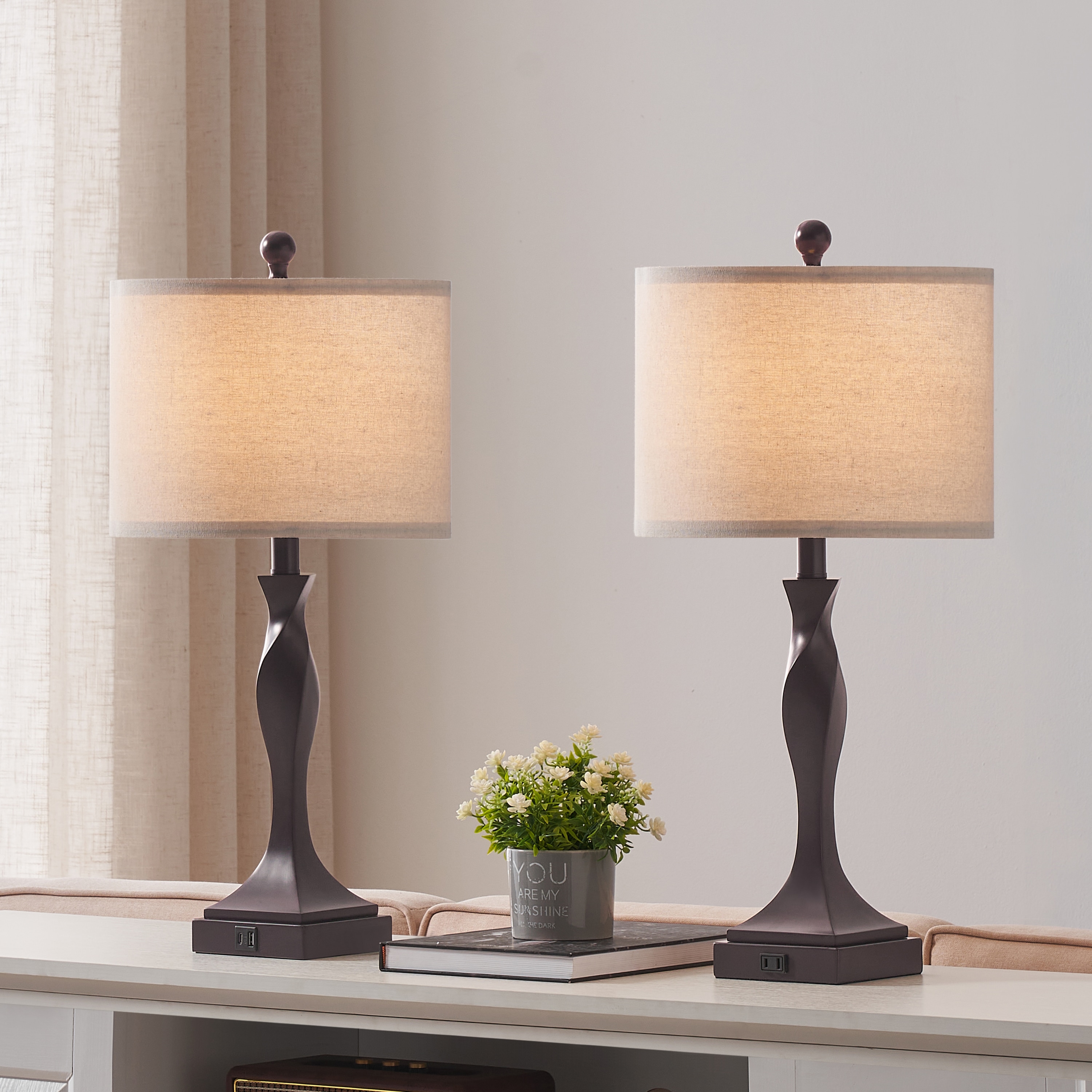 KAWOTI 21253 25.6-in Bronze LED On/Off switch Table Lamp with Linen Shade 2 -Set