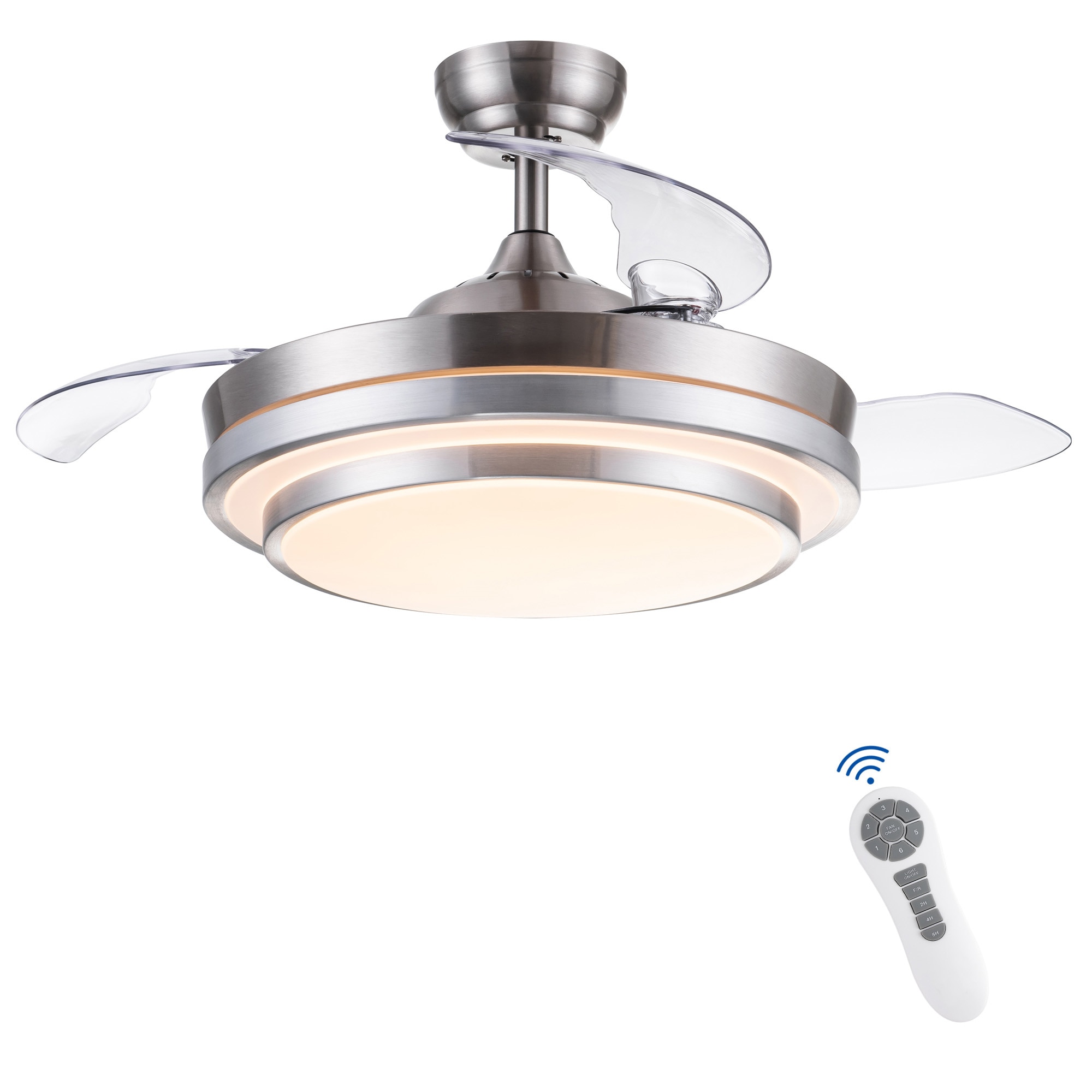 BABOOM BOM-P171140-OR 42-in Color-Changing Integrated LED Brushed Nickel with Clear Blades Fandelier Ceiling Fan With Light - Remote Included ( 3 -Blade )