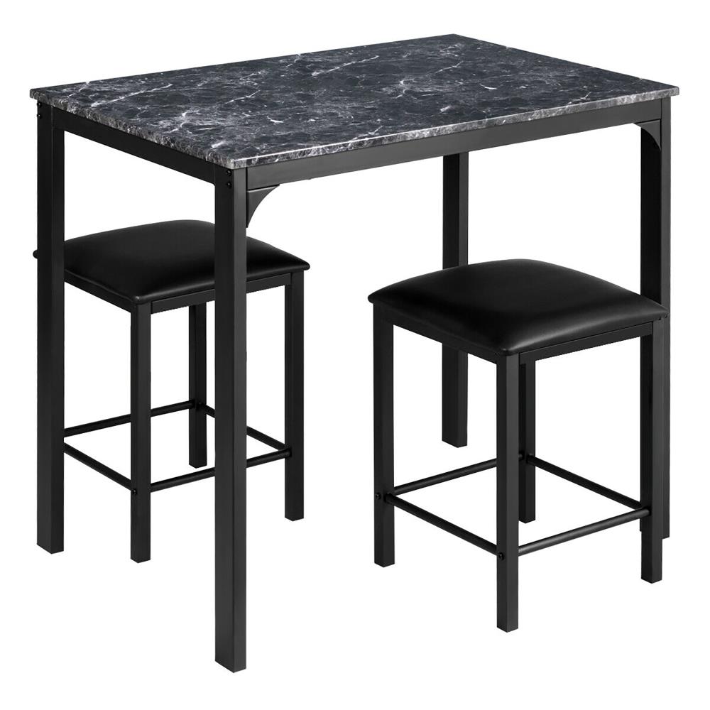 Goplus 3 Piece Counter Height Dining Set Faux Marble Table 2 Chairs Kitchen Bar Black In The
