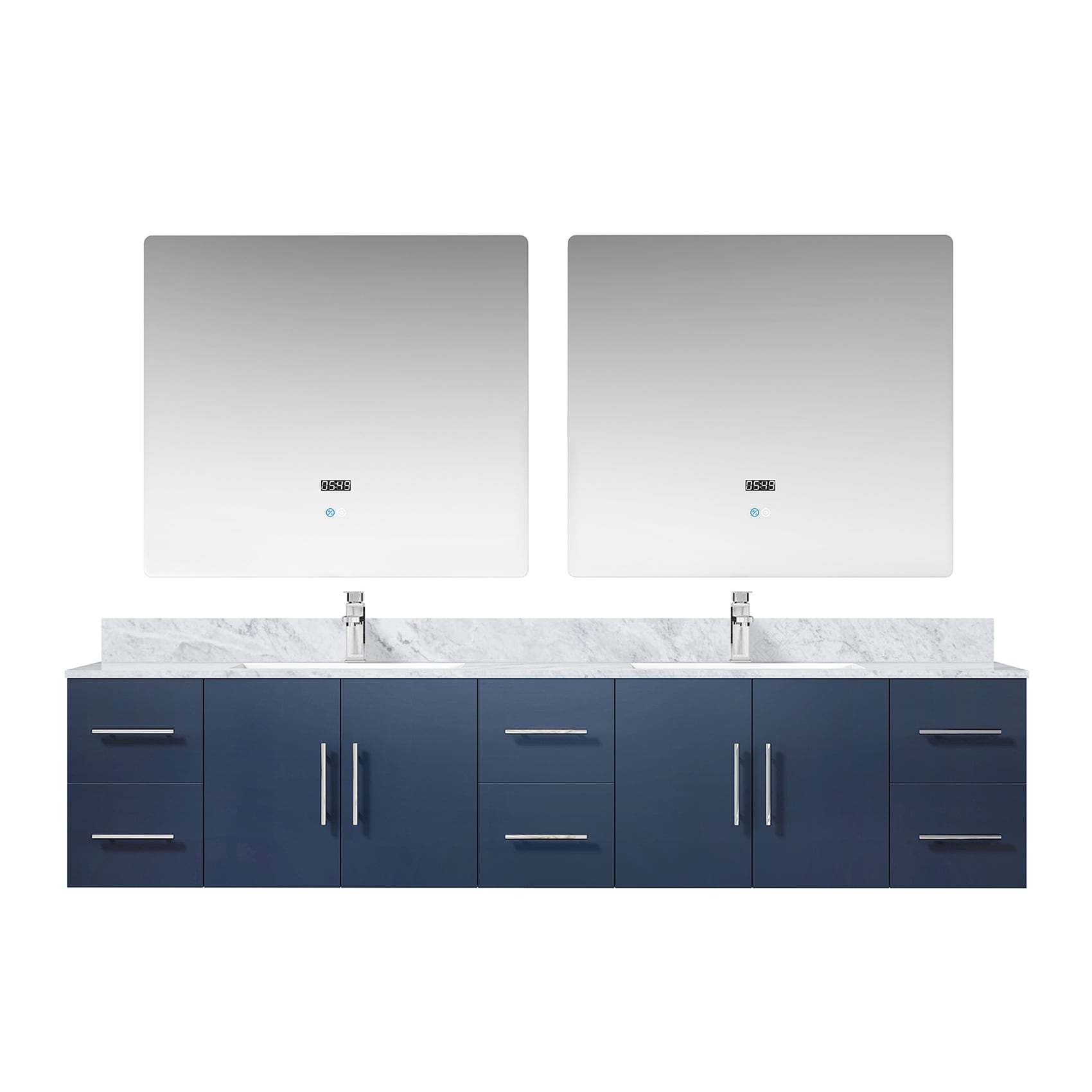 Lexora LG192284DEDSLM36F Geneva 84-in Navy Blue Undermount Double sink Bathroom Vanity with White Carrara Marble Marble Top (Mirror Included) (Faucet Included)