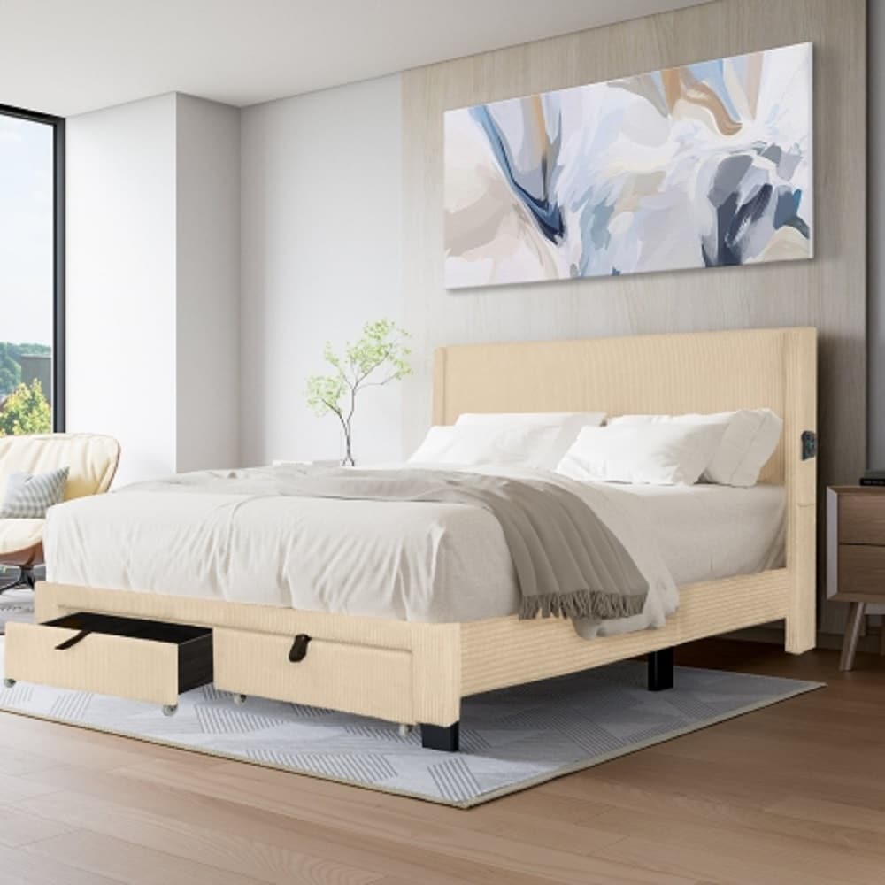 ZAKLOOP WU1867121476 Queen White Wood Platform Bed with Headboard