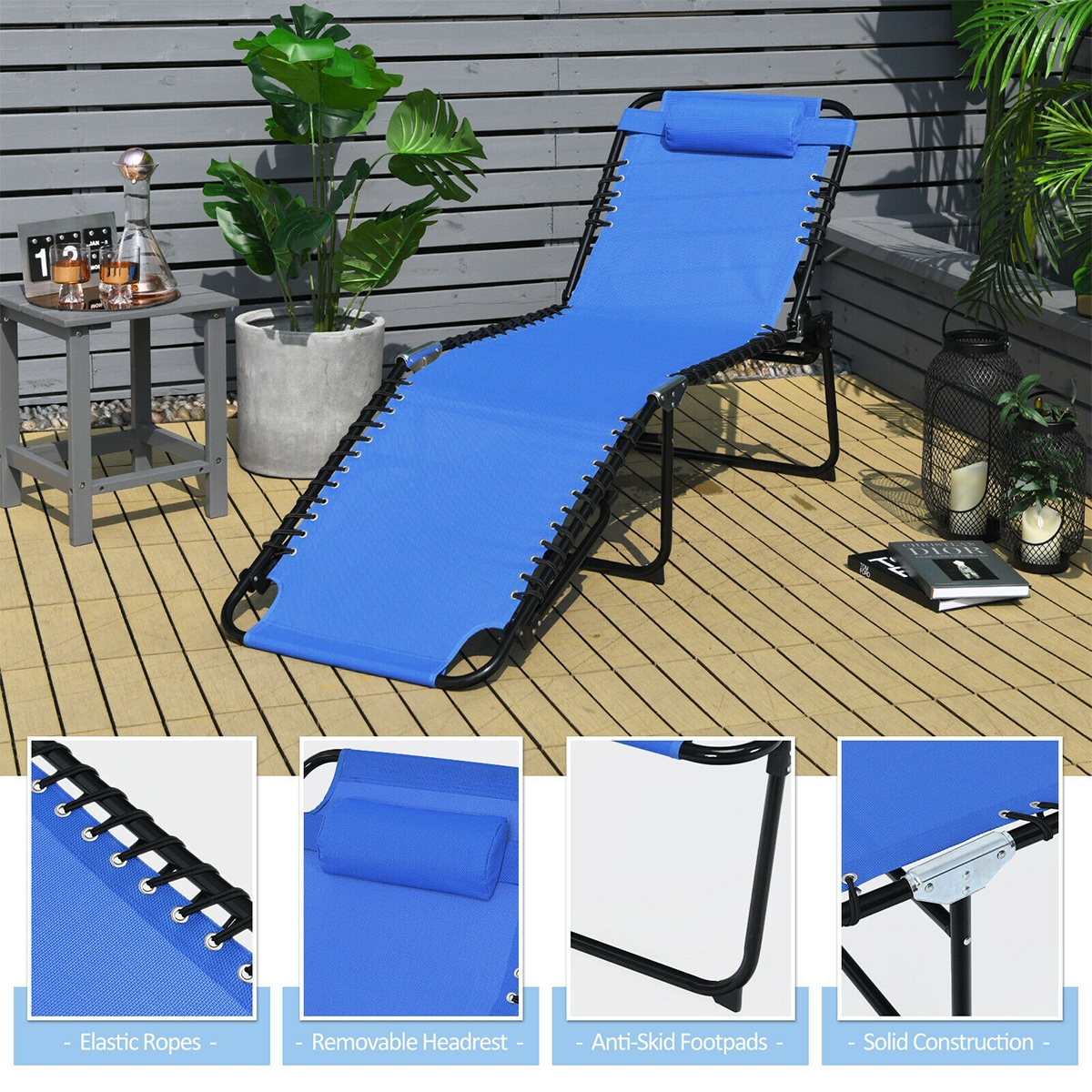 WELLFOR Black Steel Frame Woven Chaise Lounge Chair with Blue Polyester