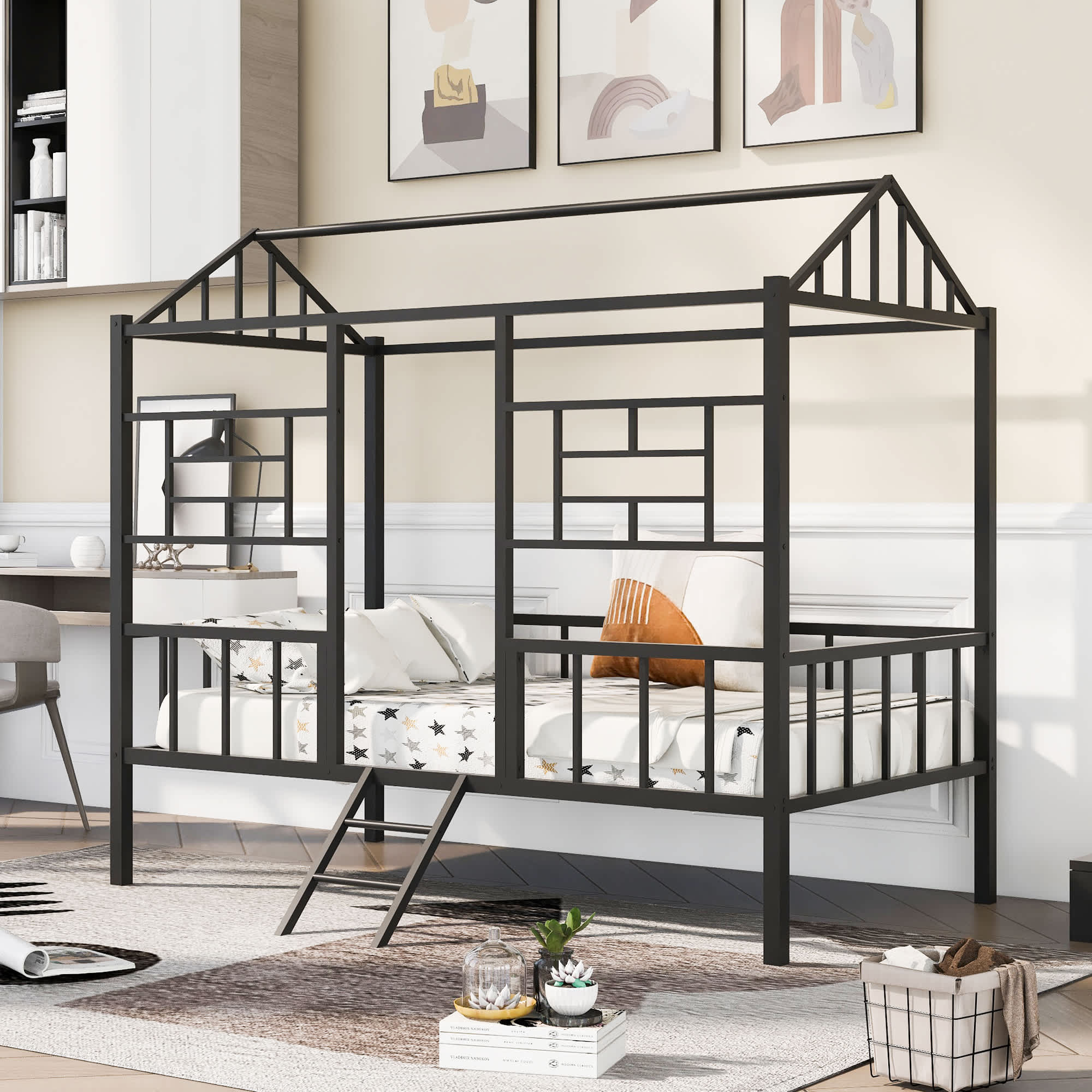 CIPACHO HCSE2505233355 Metal House Bed Frame Twin Size with Slatted Support No Box Spring Needed Black