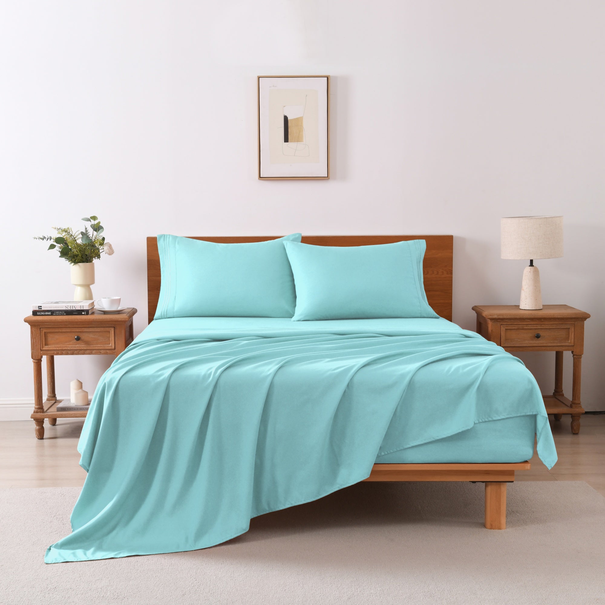 MarCielo S4PCS F AQUA BLUE Full Size Soft Polyester Solid 3-Pieces Bed Sheets