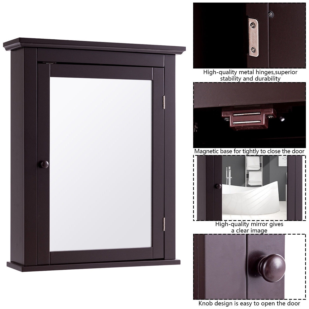 WELLFOR CY 22-in x 27-in Surface Mount Brown Mirrored Medicine Cabinet