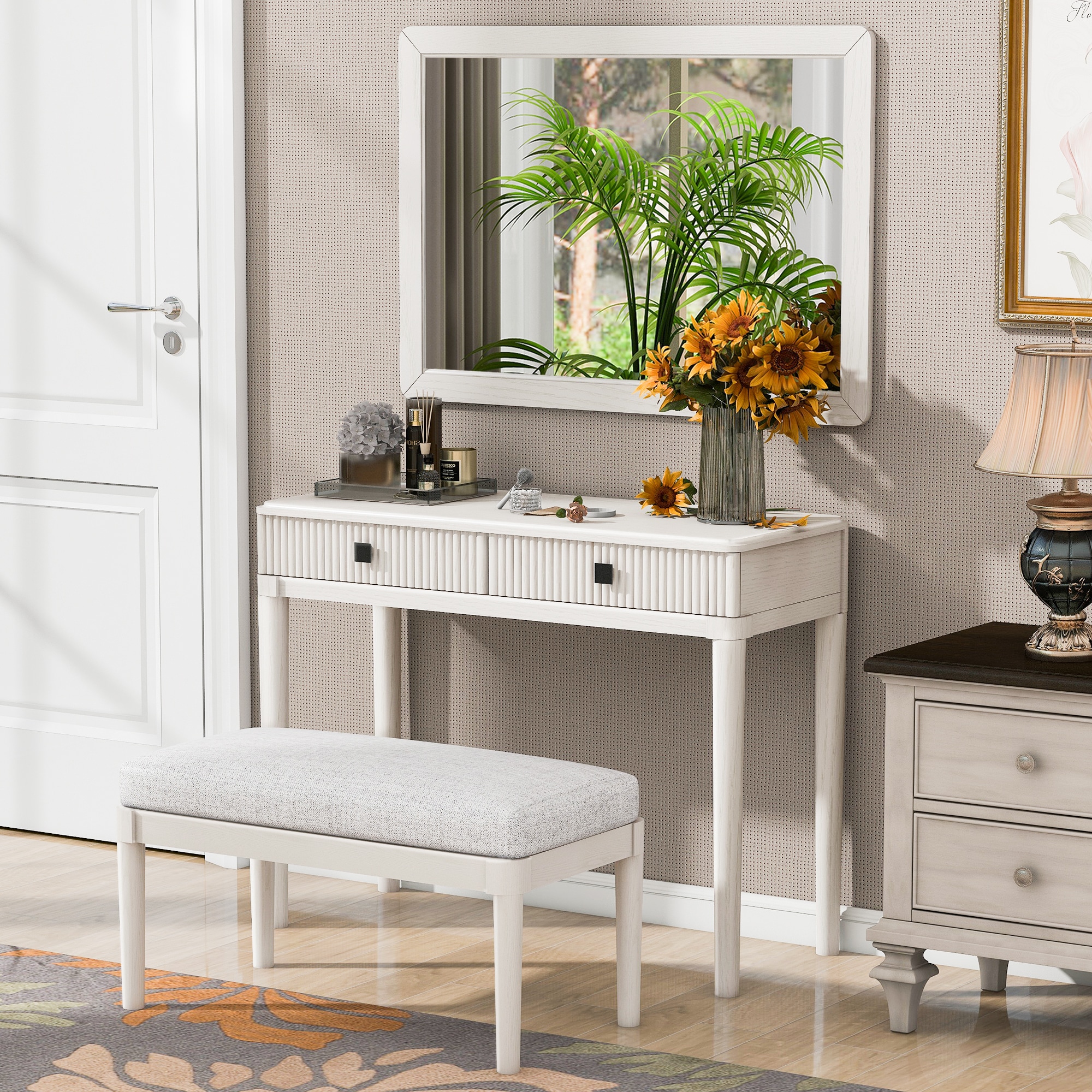 ModernLuxe L3P-N844P262898A Modern Vanity Desk with MirrorAdult Makeup Table Set with StoolHome Office Desk2 Large DrawersWhite