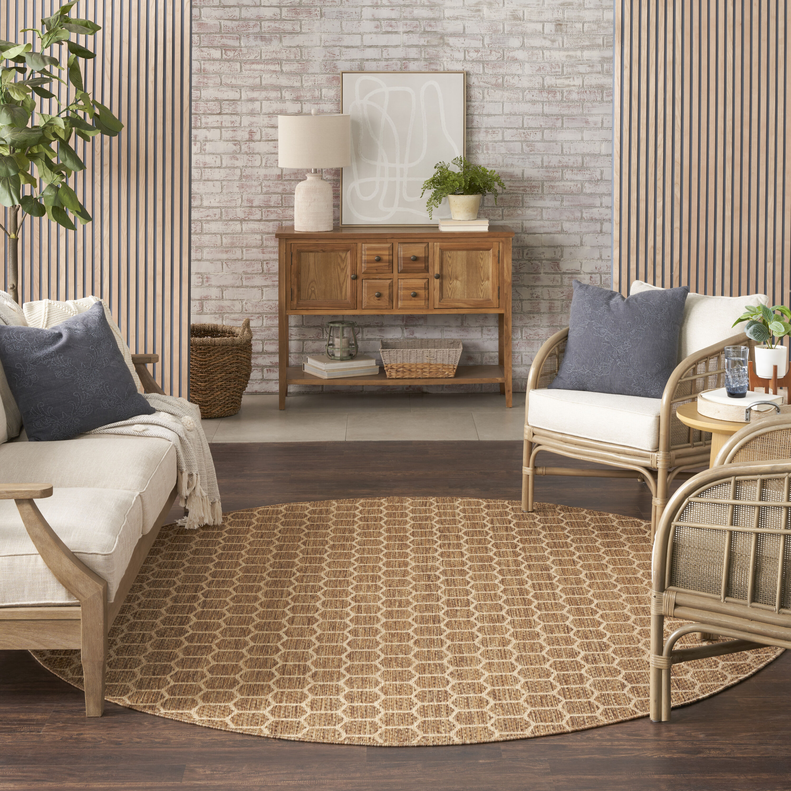 Nourison Home 099446974402 Reversible Indoor Outdoor 8 x 8 (ft) Polyester/Polypropylene Natural Round Indoor/Outdoor Geometric Area rug