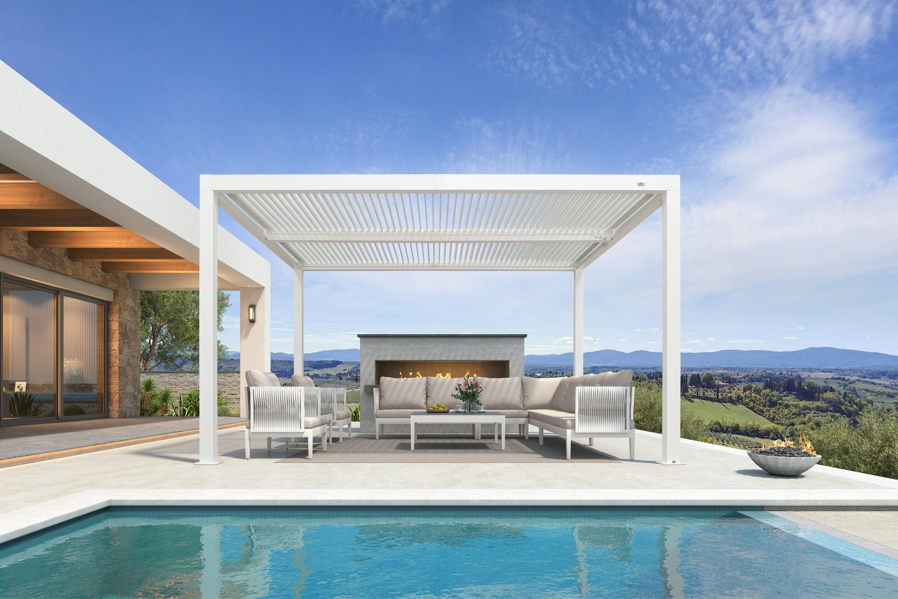 PURPLE LEAF LSXFBY1113-WT Louvered Pergola with Adjustable Roof 7-ft 8-in H White Metal Freestanding Pergola