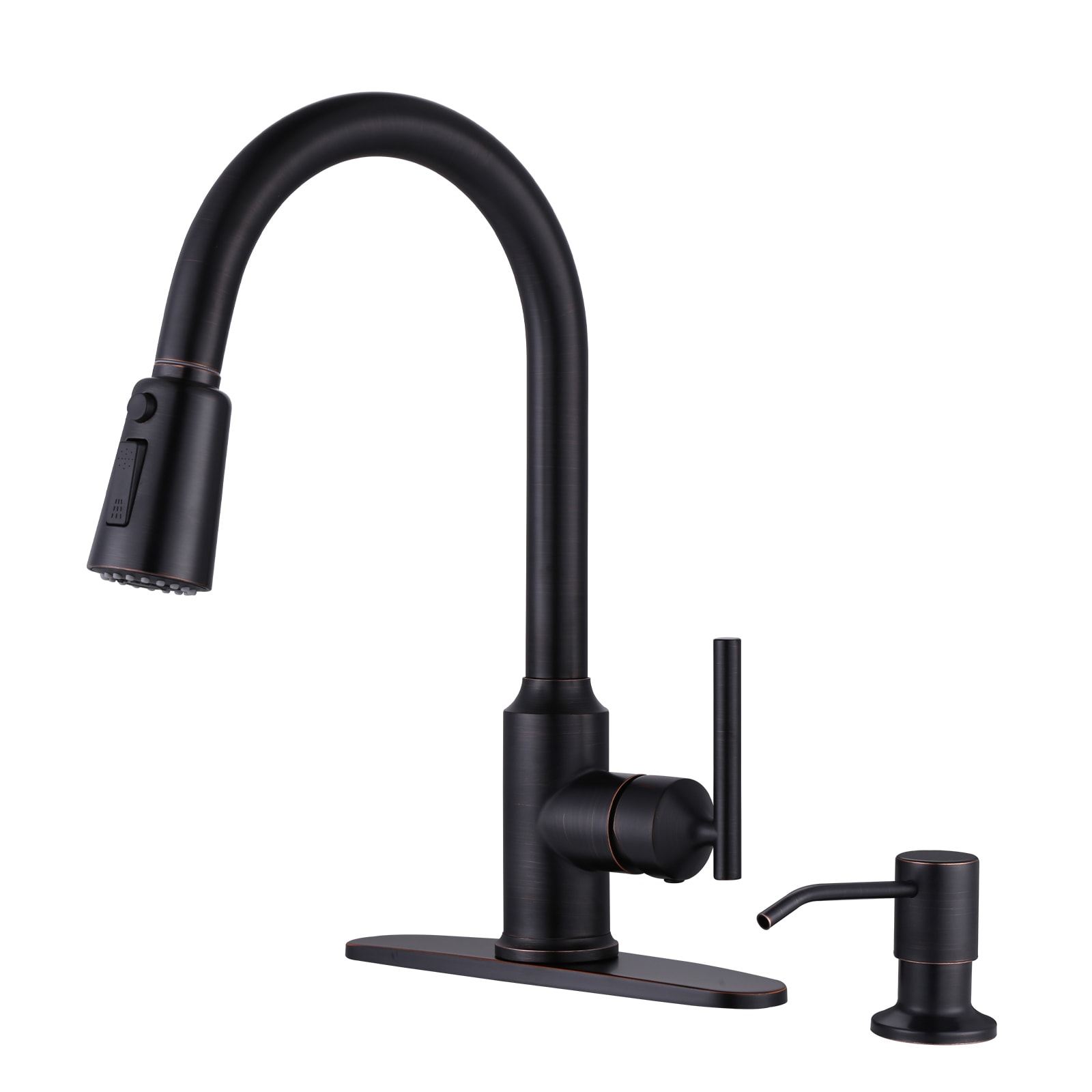 WOWOW 2312701RB-S-LW Oil Rubbed Bronze Double Handle Deck-mount Pull-down Kitchen Faucet with Sprayer ( Deck Plate Included ) (Soap Dispenser Included)