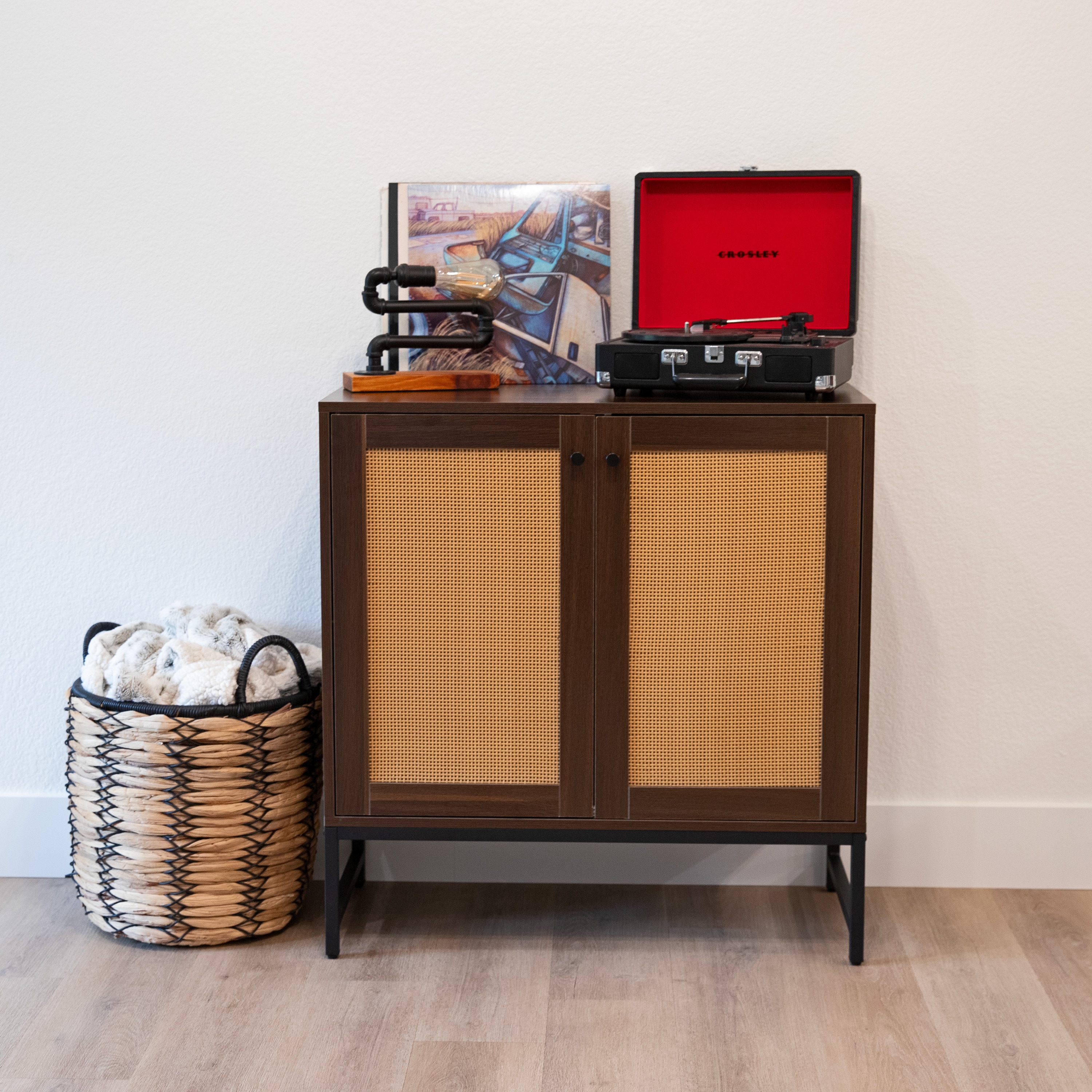 Dark Brown MDF and Rattan 2-Door Office Cabinet with Adjustable Shelving
