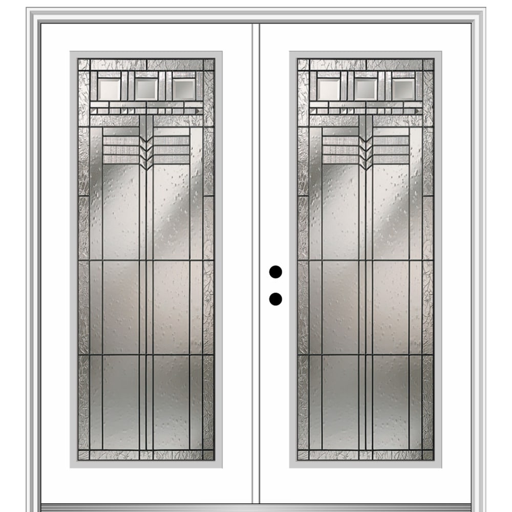 MMI DOOR 68-in x 80-in Low-e Grilles Between The Glass Primed Fiberglass  Center-hinged Right-Hand Inswing Double Patio Door Brickmould Included in  the Patio Doors department at