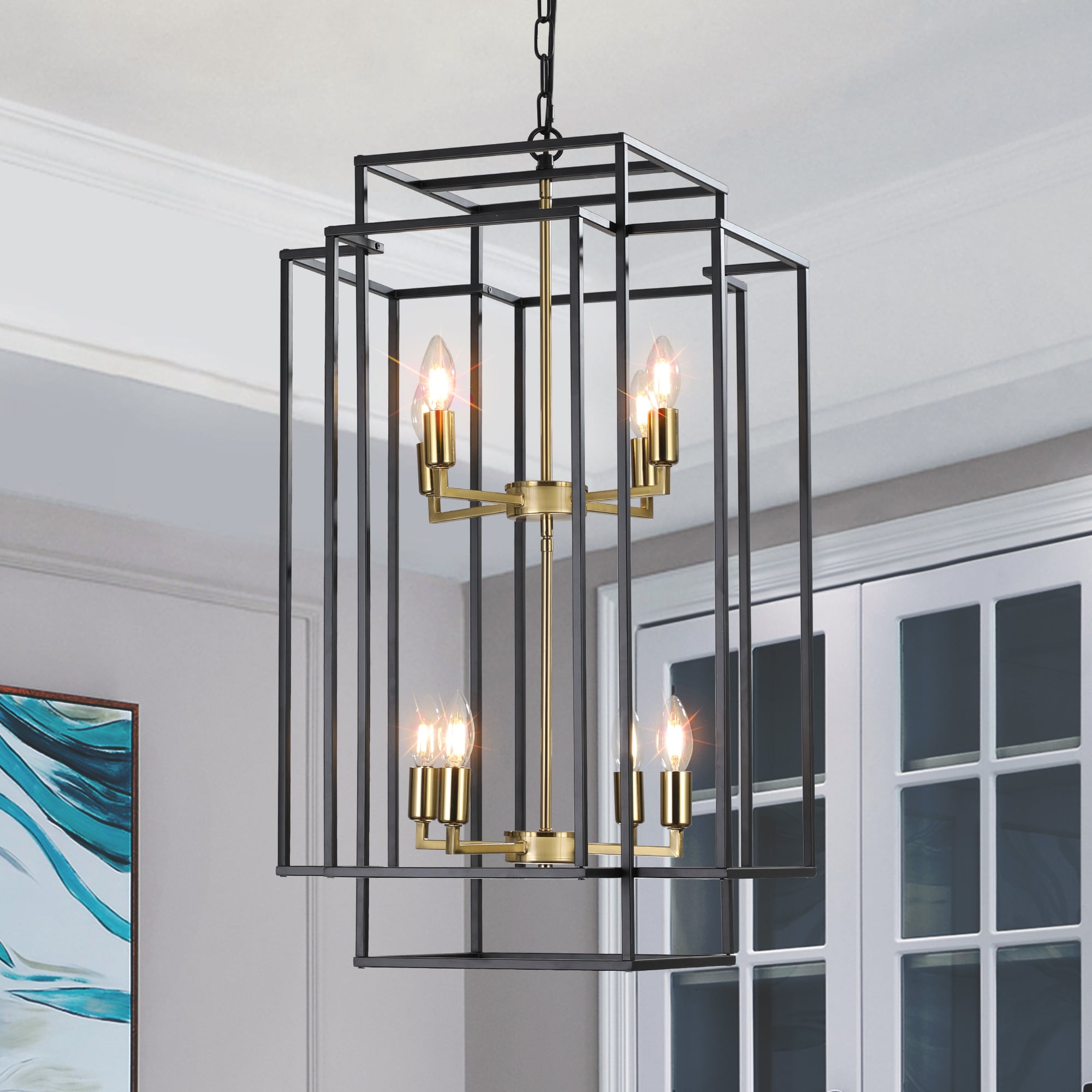 Huluwat 18inches Modern 8-Light Black Gold Geometric Pendant Chandelier Industrial Metal Frame Adjustable Hanging Light for Living Room Dining Room Kitchen (No Bulbs)