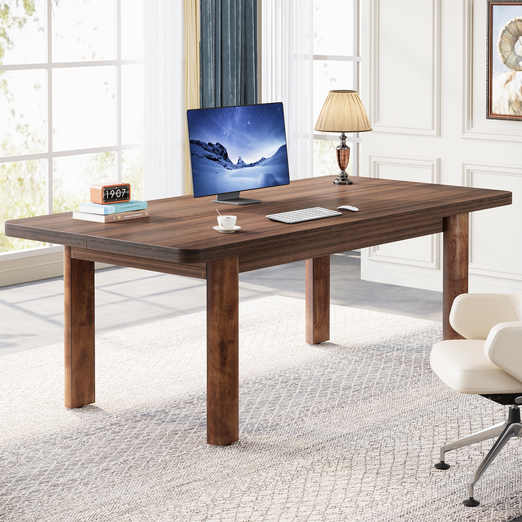 Tribesigns - 63 inch W Rustic Brown Computer Desk with Solid Wood Legs
