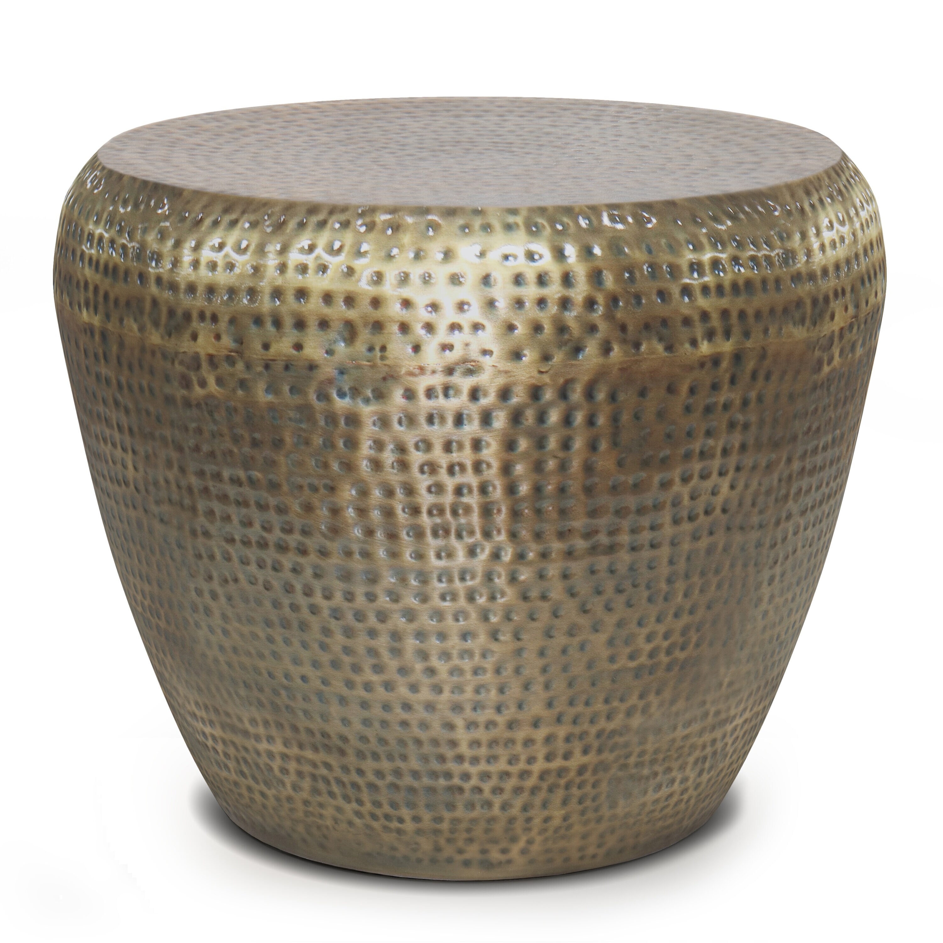 Preston 22" Antique Gold Hand-Hammered Metal Drum Side Table