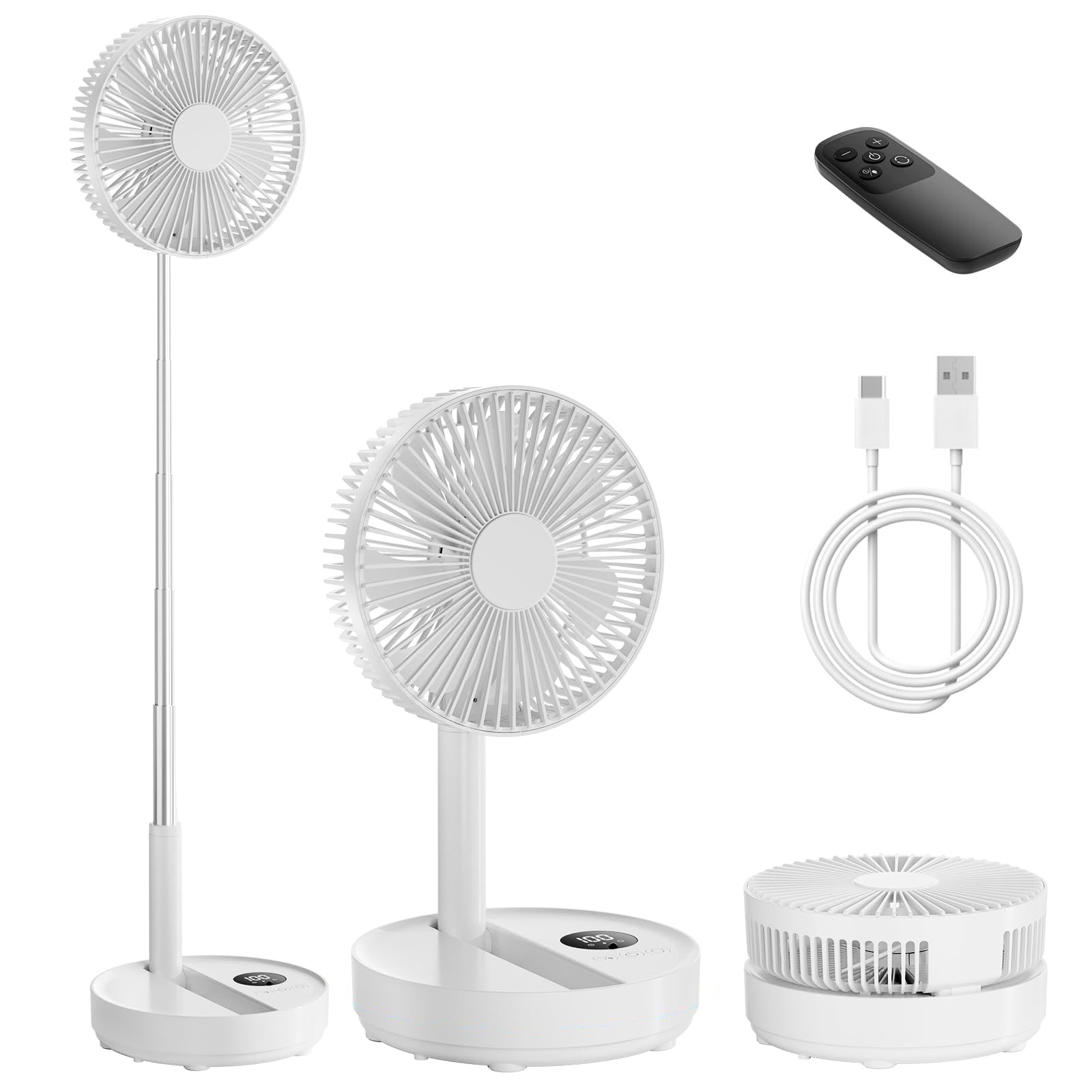 Etokfoks  8 in 4 Fan Speeds Pedestal Fan in White with Smart LED Screen Auto Oscillation Remote Timer Adjustable Height