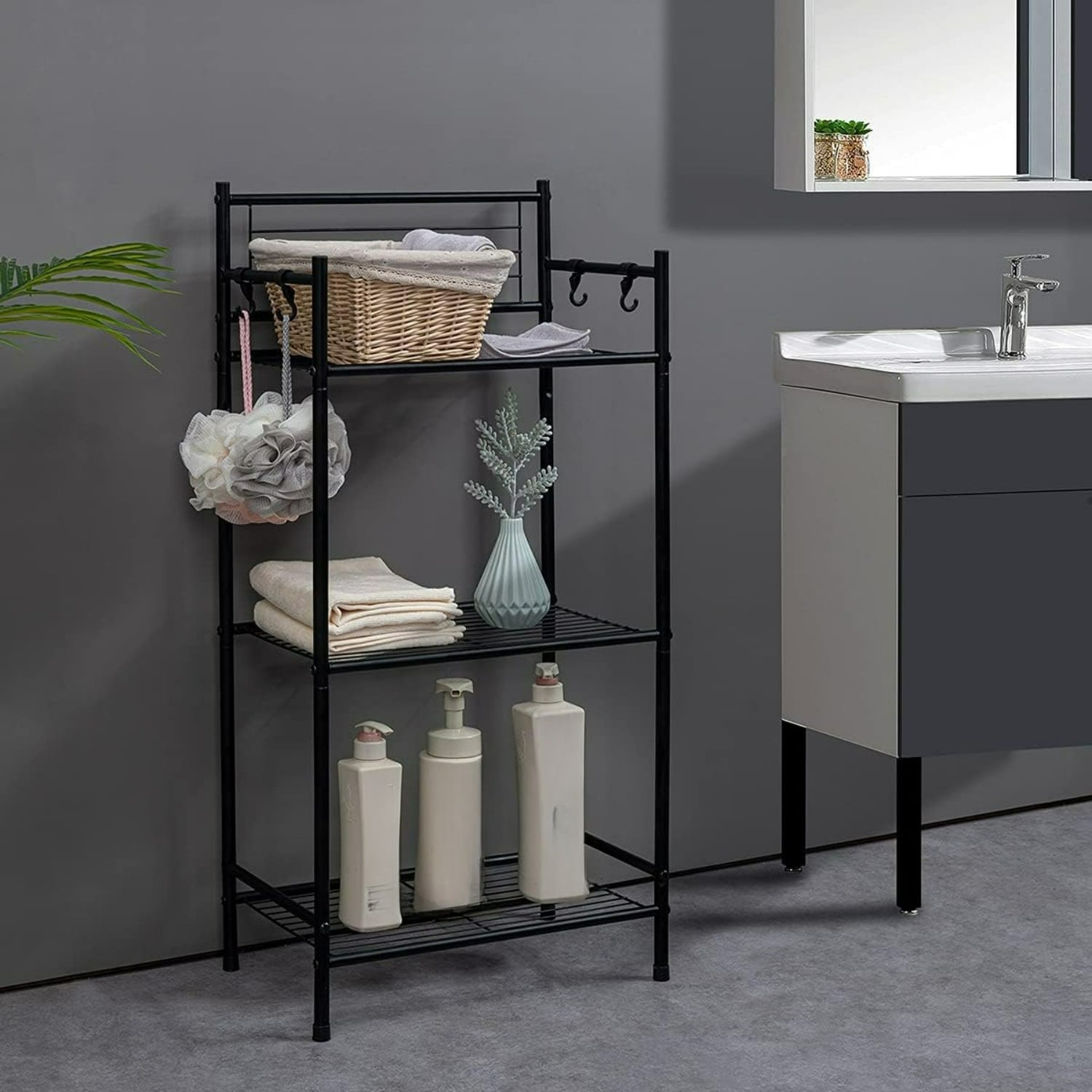 Paradigms Interiors 3 Shelf Standing Wire Storage Unit With 4 Hooks ...