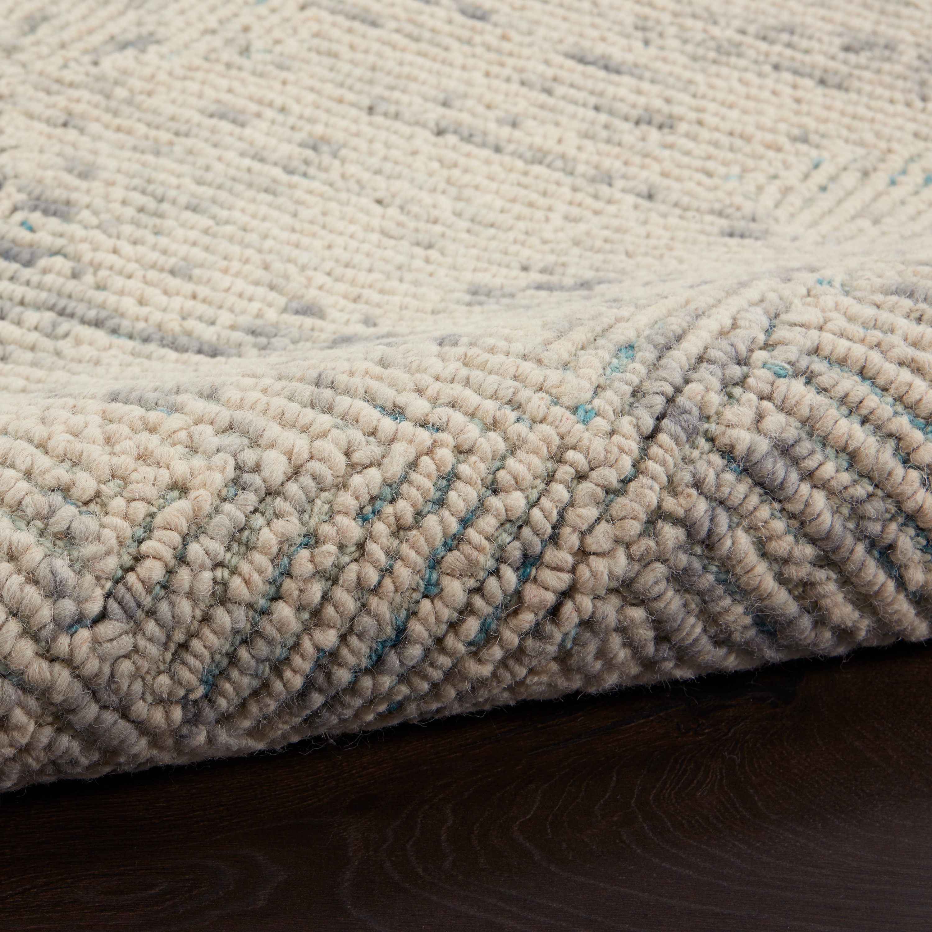 Handmade Ivory, Grey, and Teal Wool Area Rug 5' x 7'
