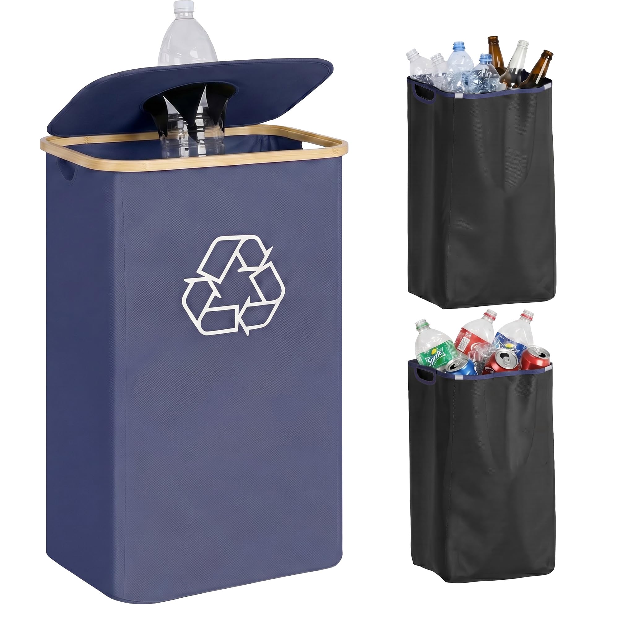 DHMHD  Recycling Bin for Kitchen 26 Gallon 100L Large Recycle Bin with Lid and Two Removable Reusable Inner Bags Blue durable home and garden