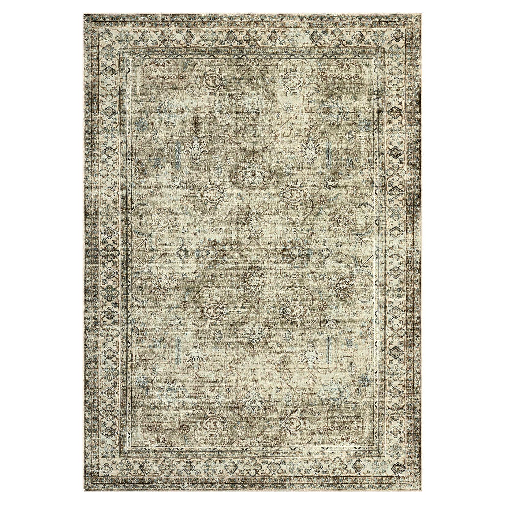 Qeetex LSN-PHK-345CXQRR 4 x 6 ft Polyester Cashmere Brown Rectangular Hallway Bathroom Entryway Kitchen Office Foldable Flower Printed Persian Washable Area Rug