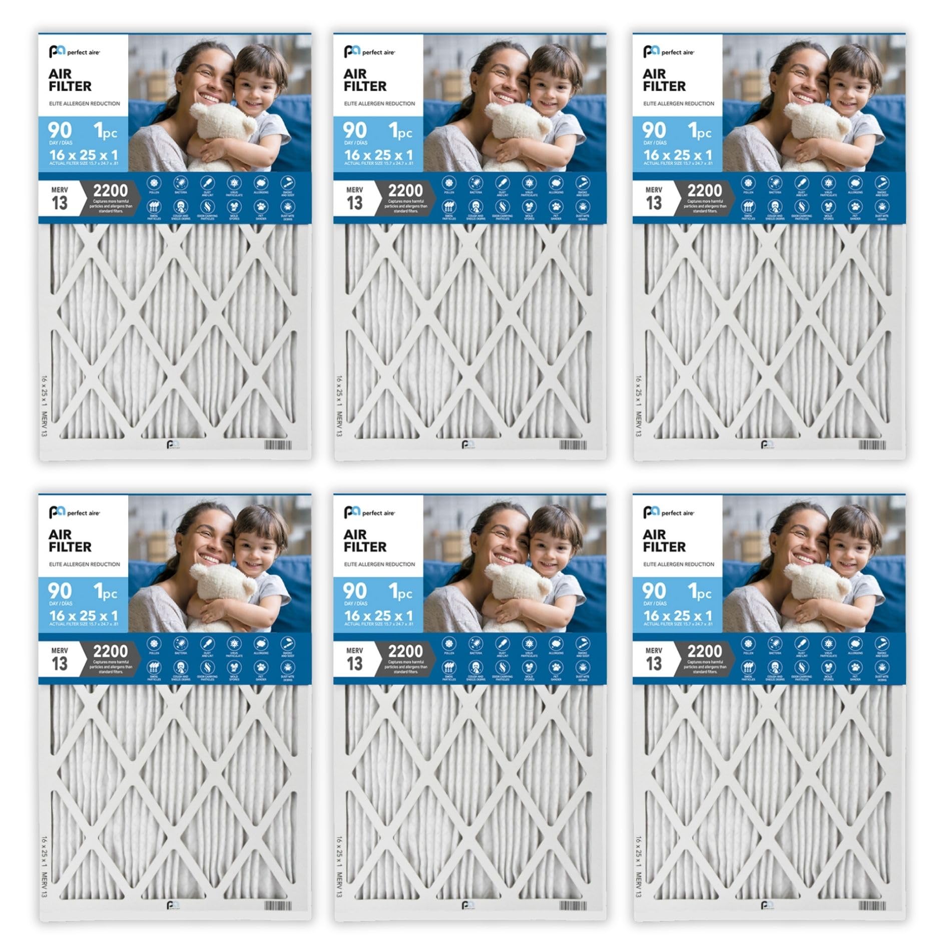 Perfect Aire  Elite Air Filter MERV 13 - Electrostatically Charged Pleated Dual Airflow HVAC Filter - Lasts 90 Days (6 Pack 16x25x1)