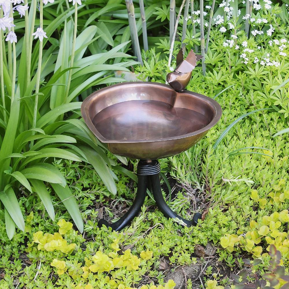 Heart Shaped Copper Birdbath with Black Wrought Iron Stand
