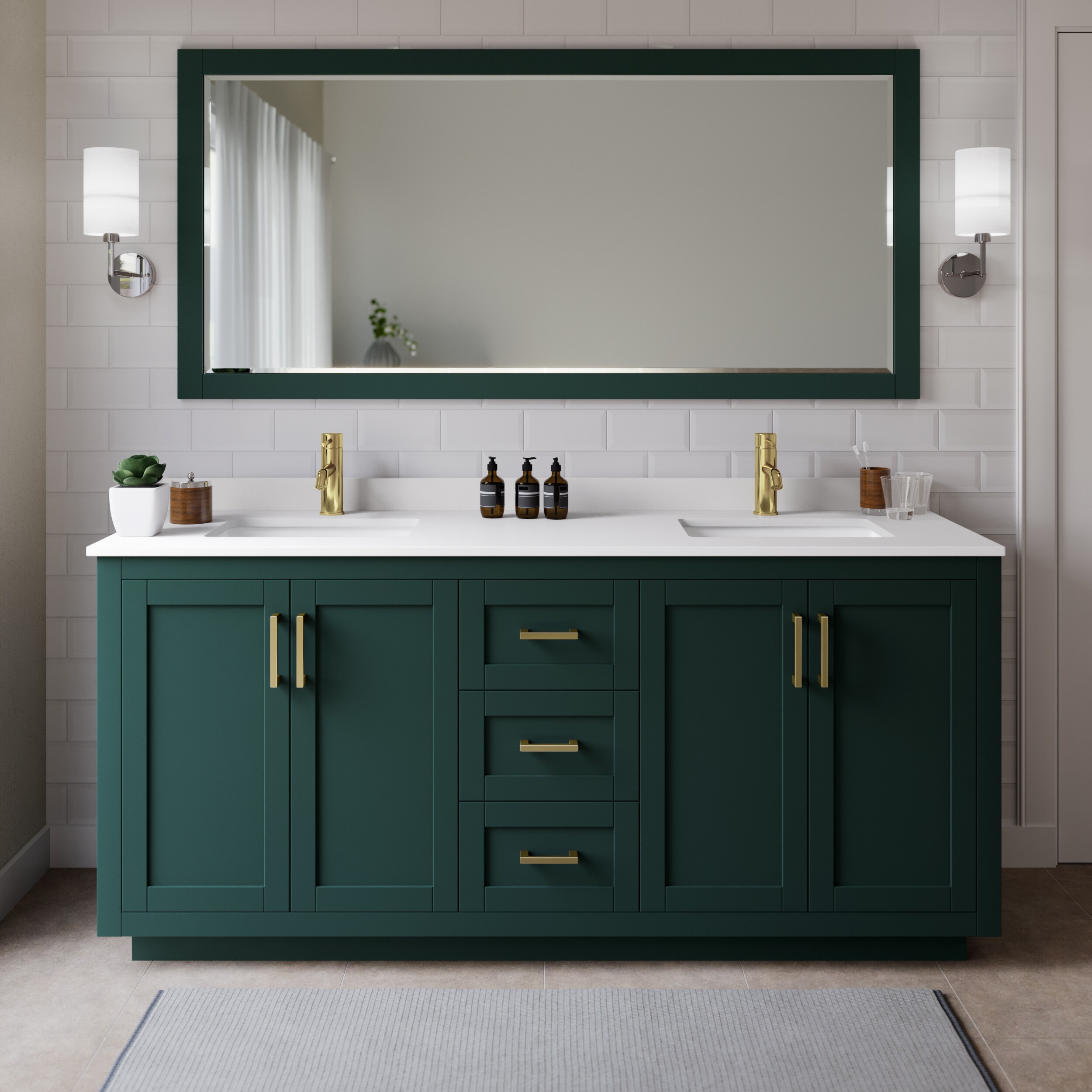 Wyndham Collection WCF292972DGDWCUNSMXX Miranda 72-in Green with Brushed Gold Trim Undermount Double sink Bathroom Vanity with White Cultured Marble Cultured marble Top