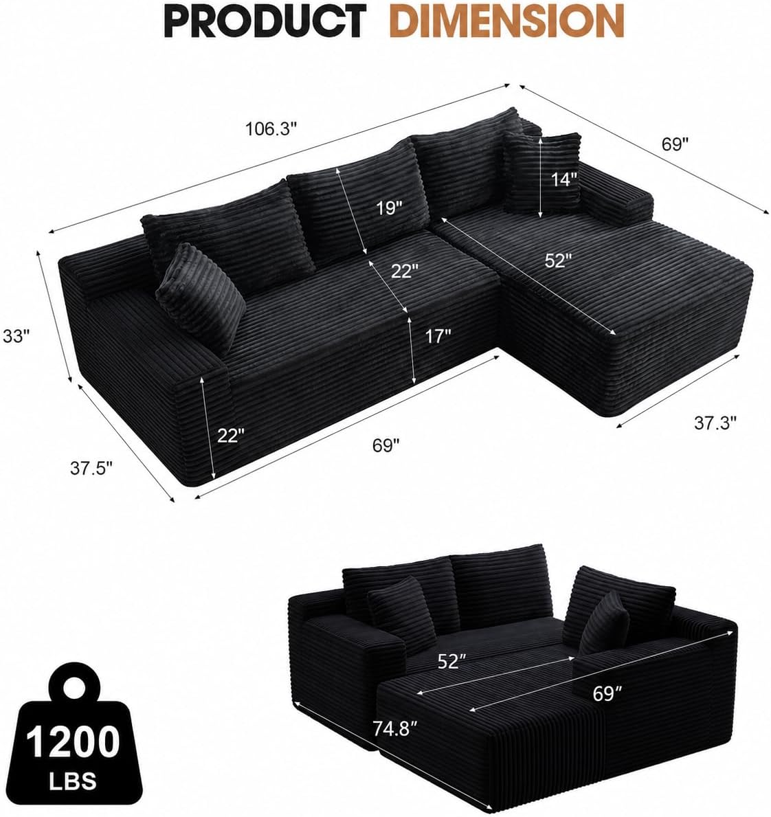 AUKFA 106 Inch L Shaped Modular Sectional Sofa with Reversible Chaise ...