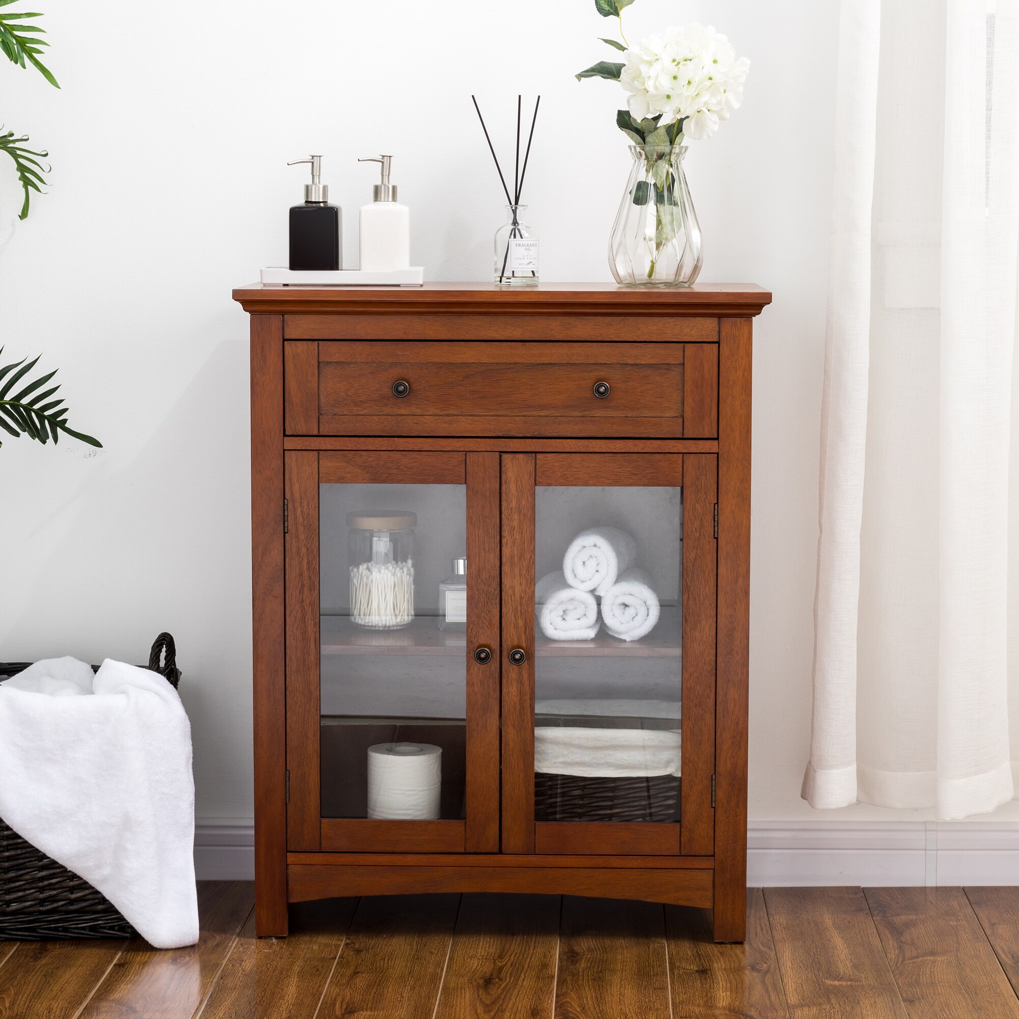 31.1 in. H x 23.6 in. W Round Pushable Brown Wood Shoe Storage Cabinet on Wheels
