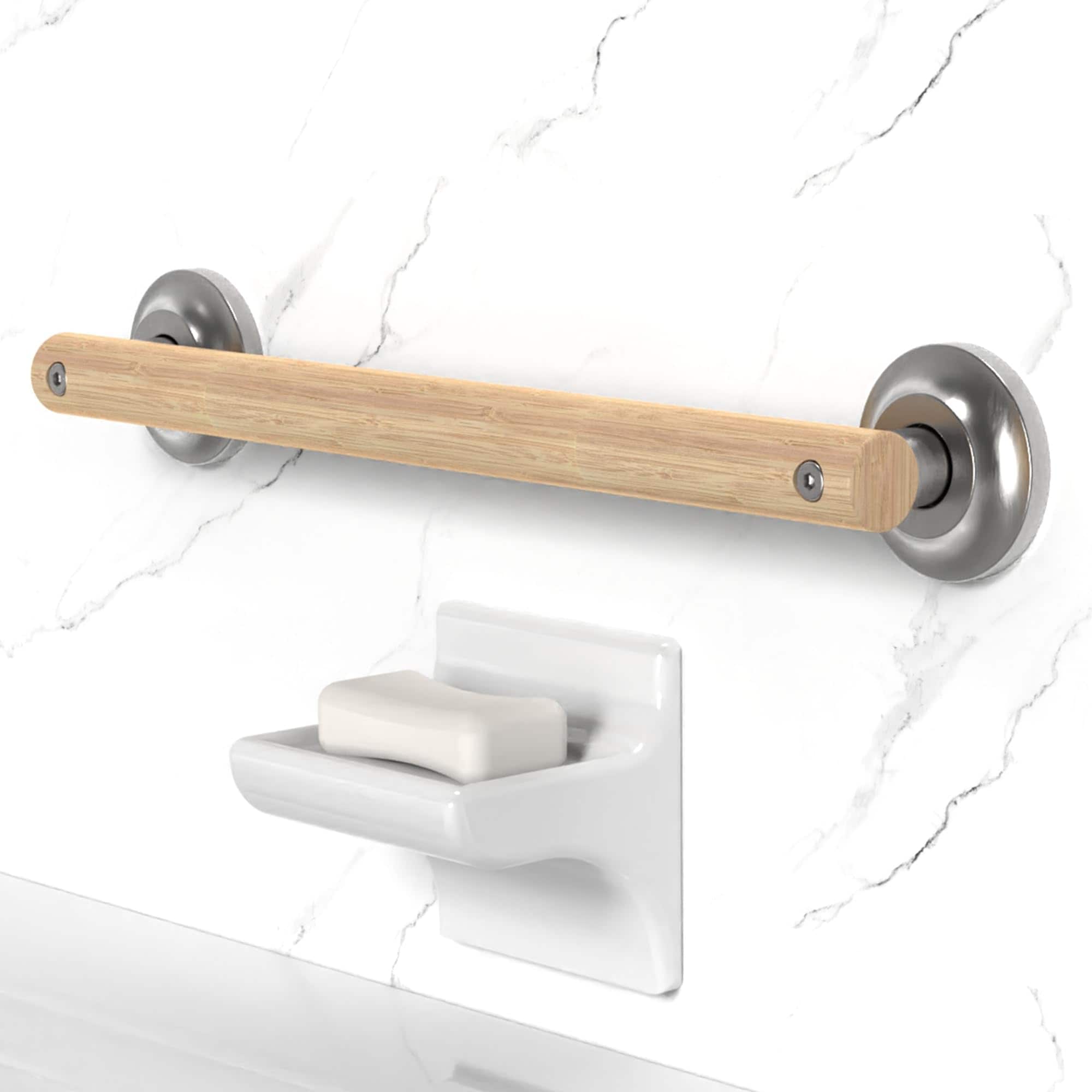 Misopily  Natural Bamboo Bathroom Grab Bar ADA Compliant Handrail for Seniors and Handicap 16 Inch Brushed Nickel Sturdy Support Easy Install